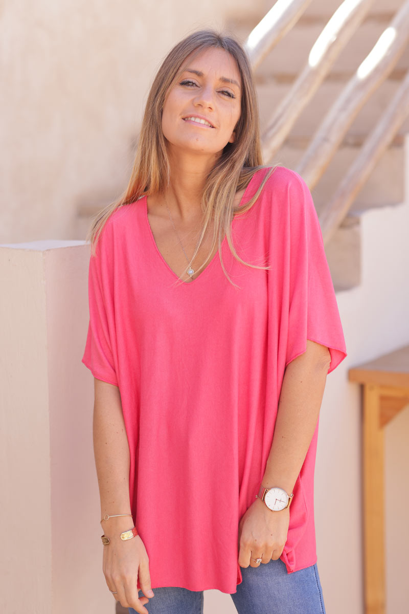 Top fluido frambuesa confort y elástico con cuello de pico