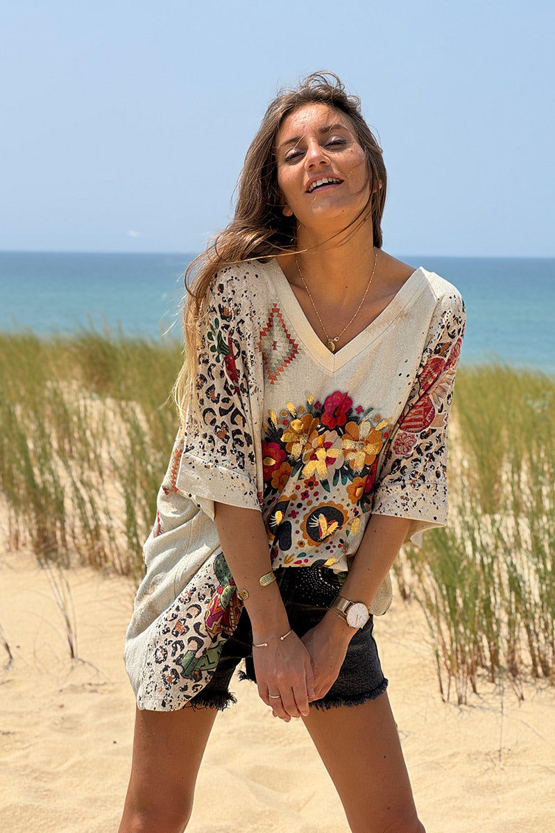 Cream Southwest Skull Glitter Knit Top