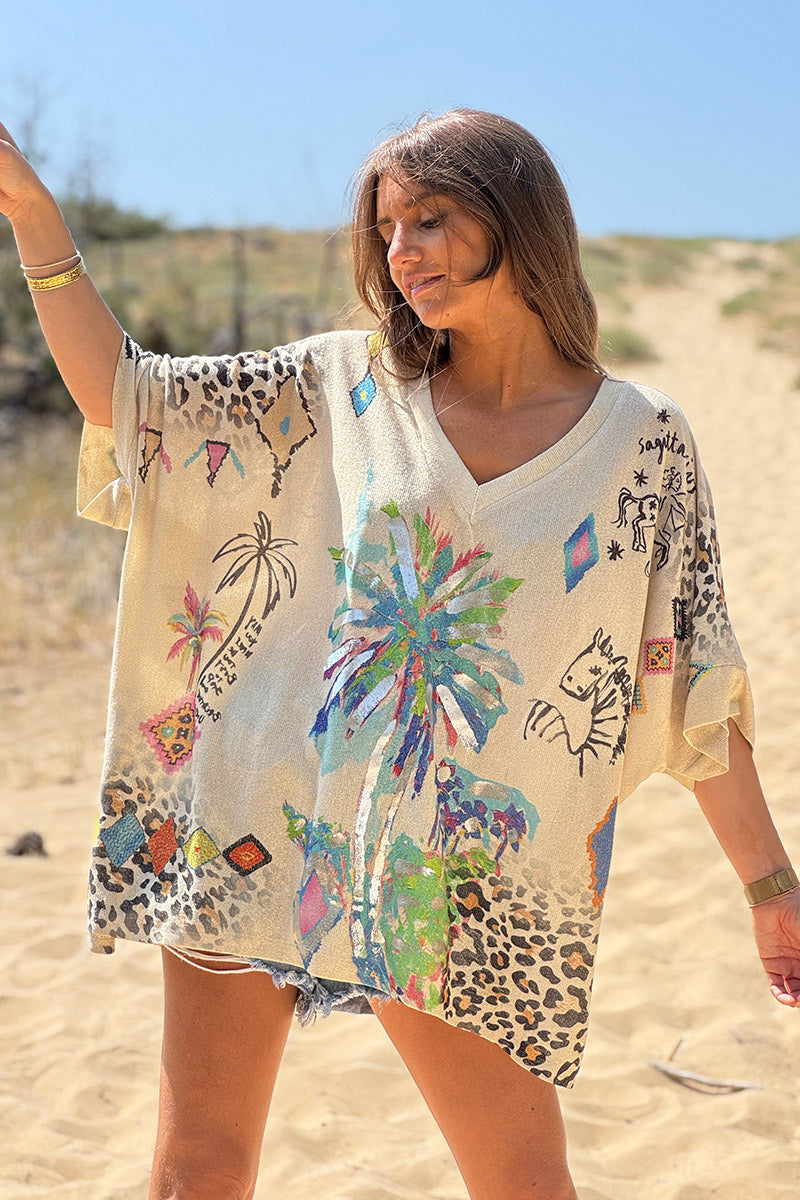 Top large beige brillant imprimé palmier léopard et cheval
