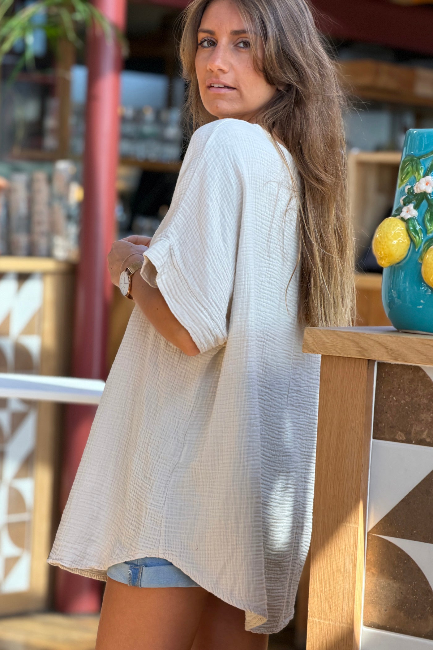 Beige Crinkle Gauze Blouse