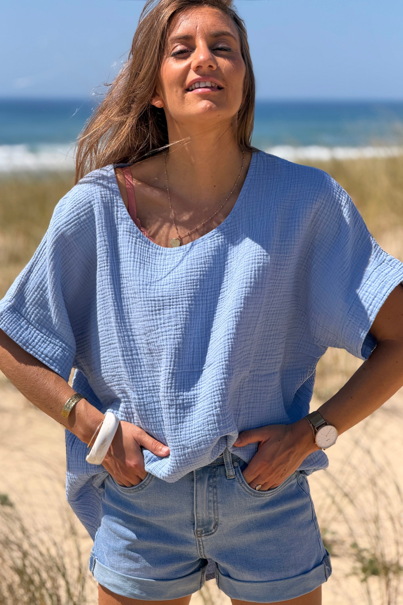 Blue Crinkle Gauze Blouse