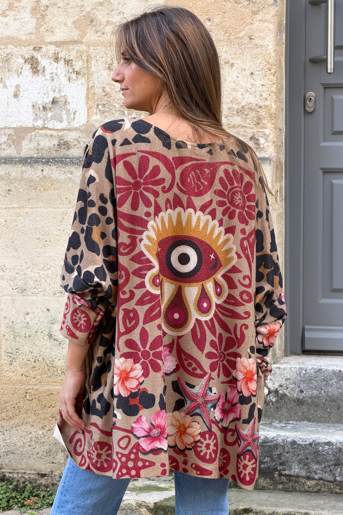 Top large brillant lurex camel imprimé léopard et palmier doré