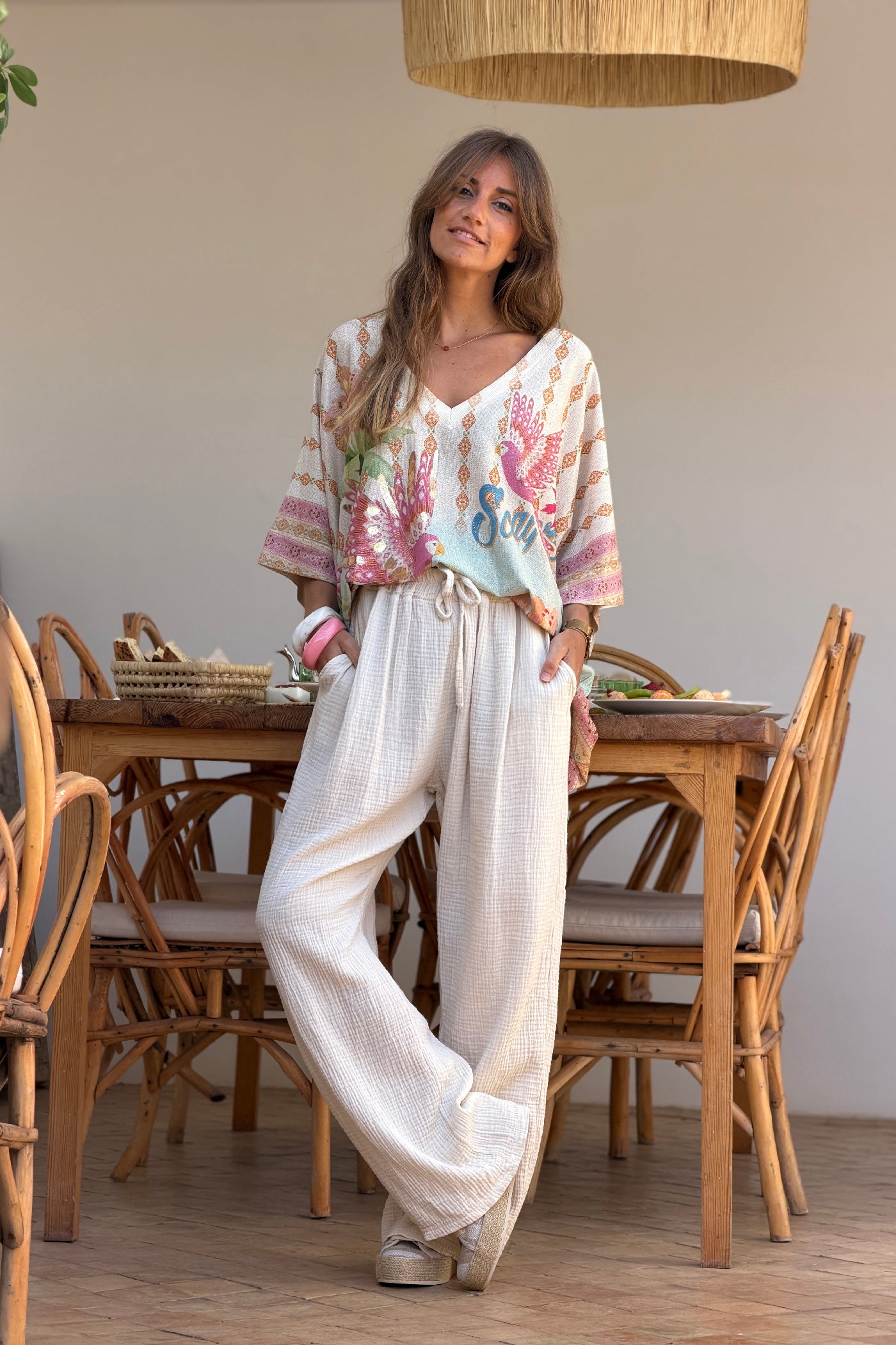 Pink Birds of Paradise Glitter Knit V-Neck Blouse