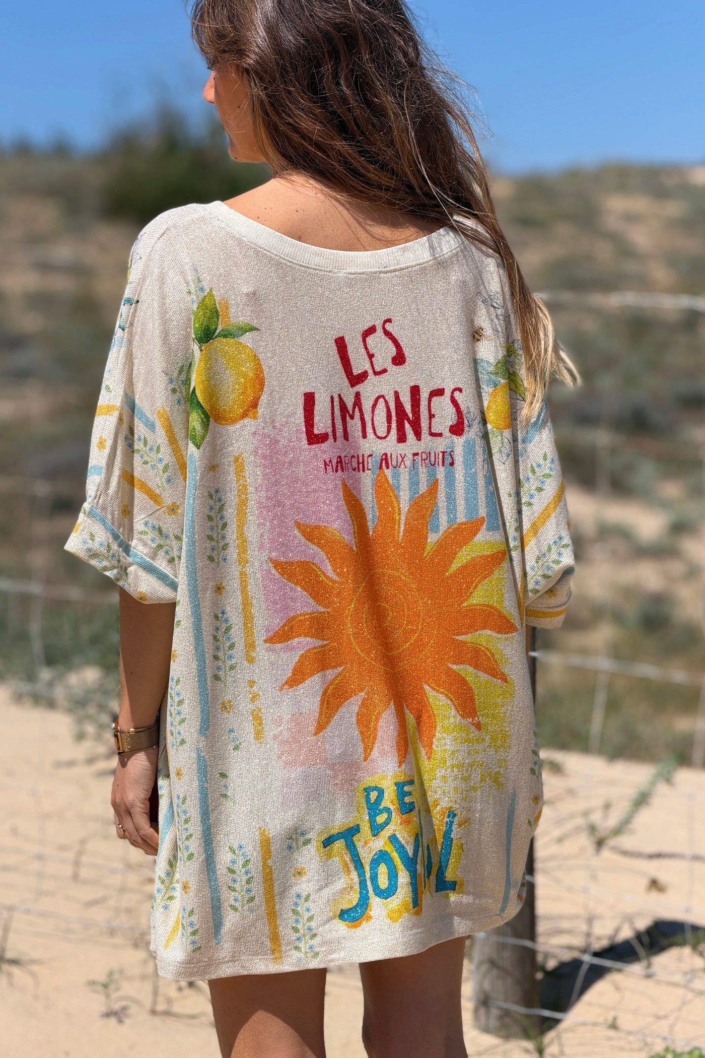 Top large et brillant imprimé rayures Soleil et Limones citrons
