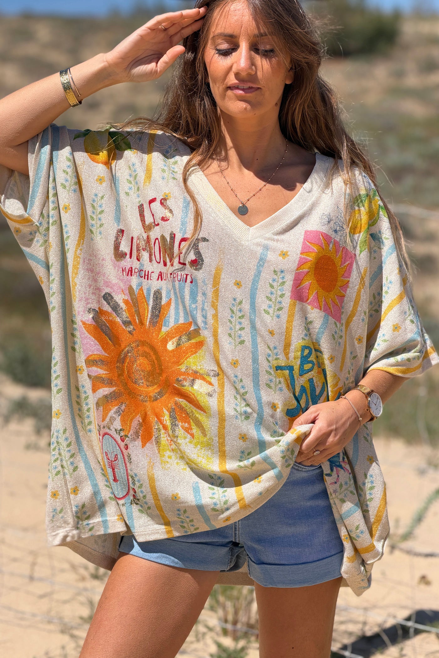 Top large et brillant imprimé rayures Soleil et Limones citrons