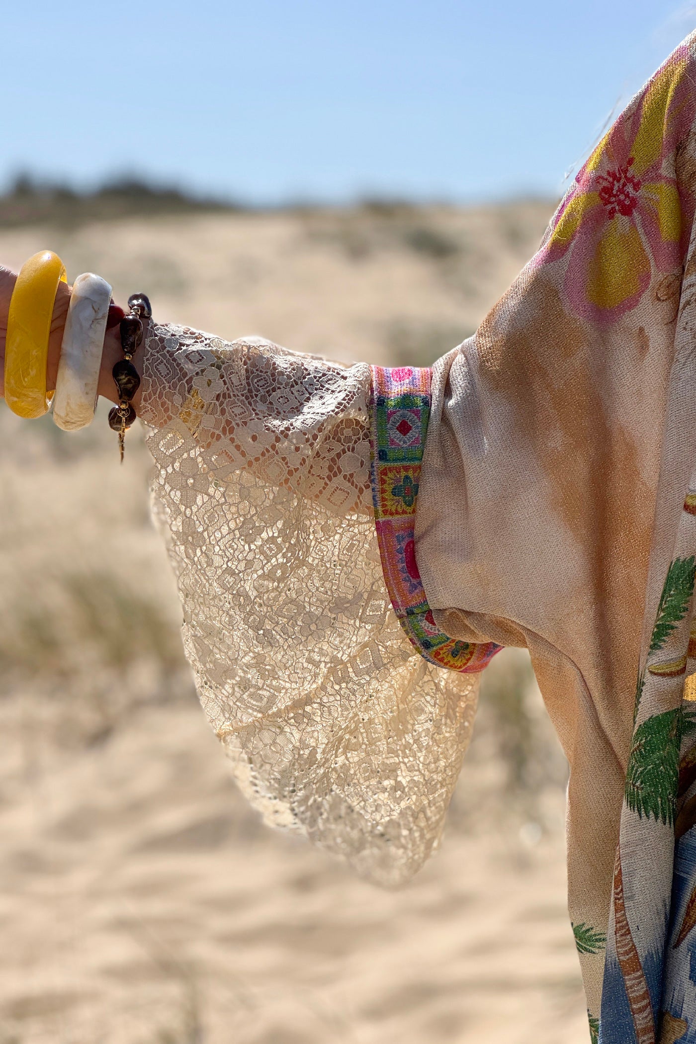Beige Sun and Sea Lace Sleeve Glitter Knit Top