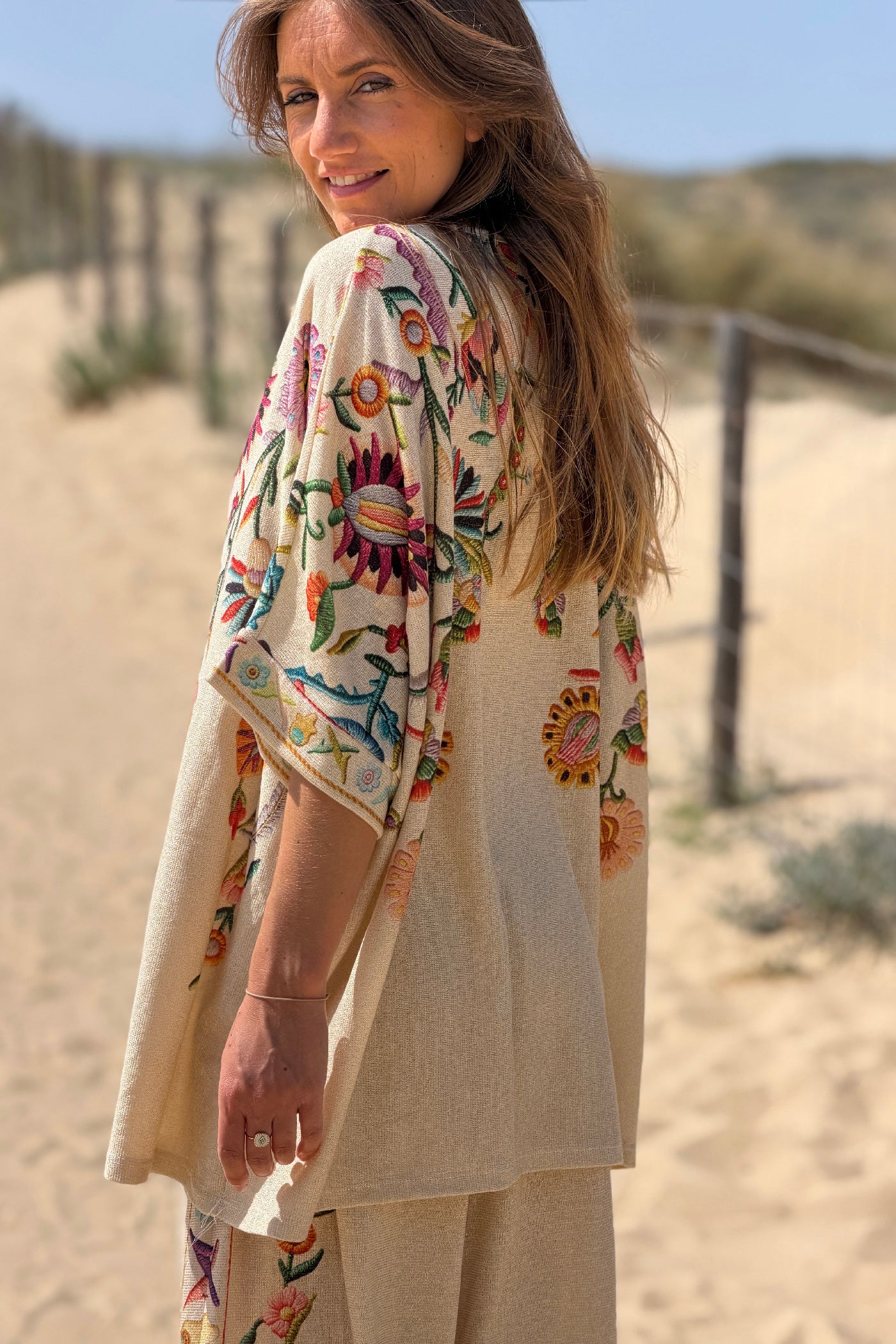 Beige Embroidered effect Folk Garden V-Neck Tunic