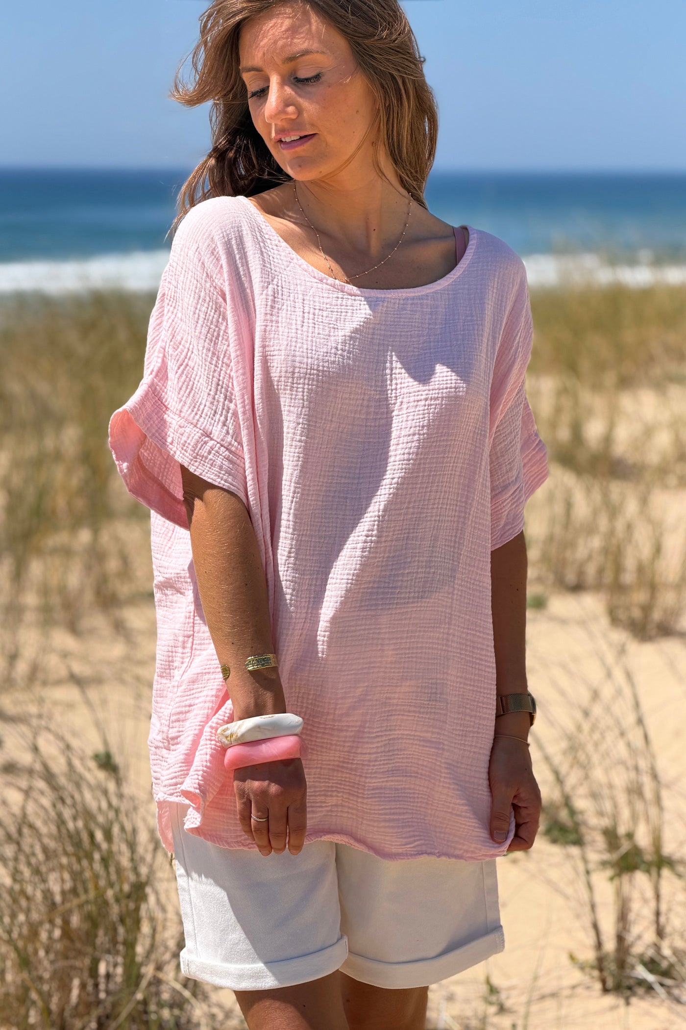 Pink Crinkle Gauze Blouse