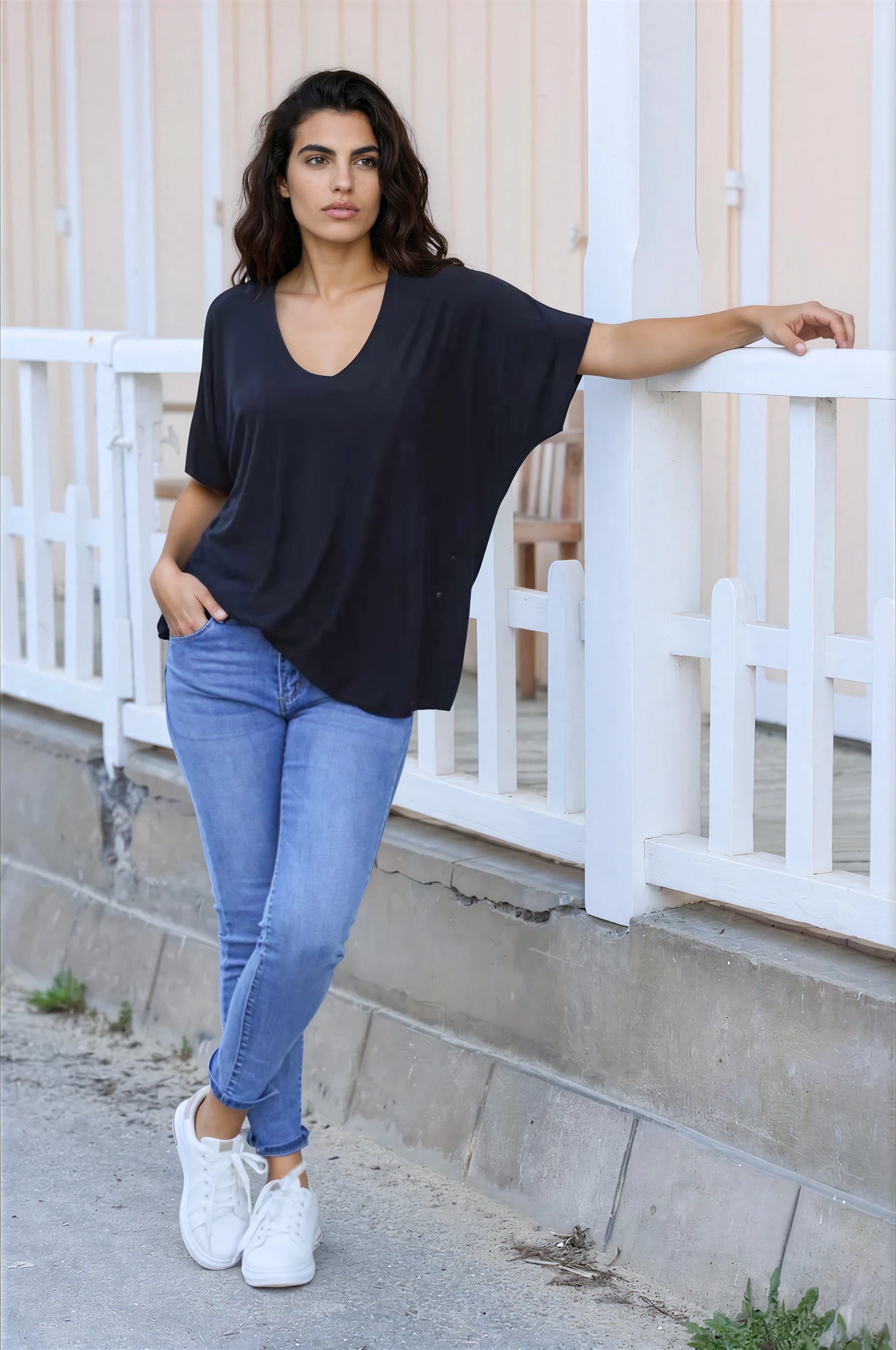 Relaxed fit black v-neck top