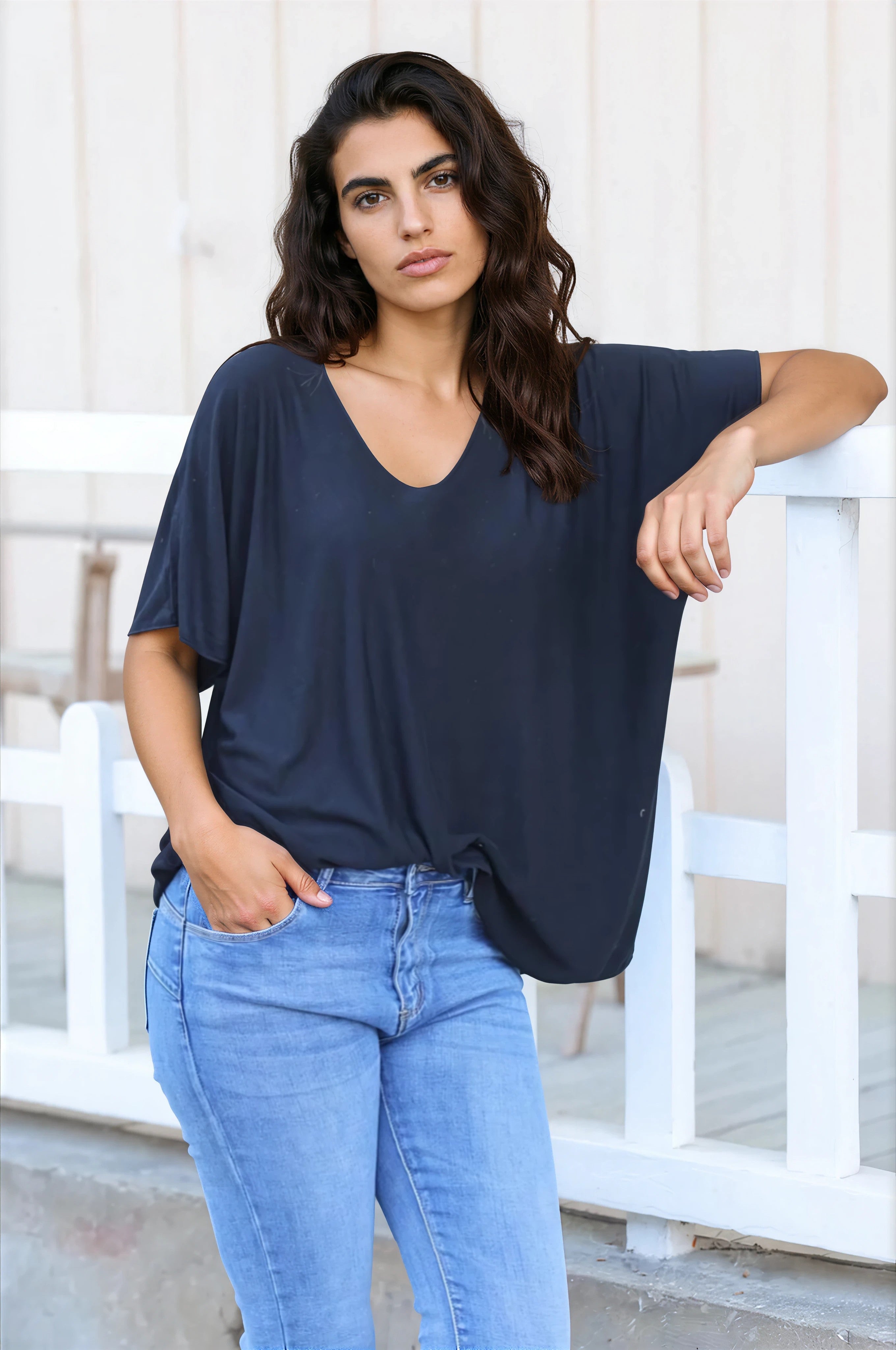 Relaxed fit black v-neck top