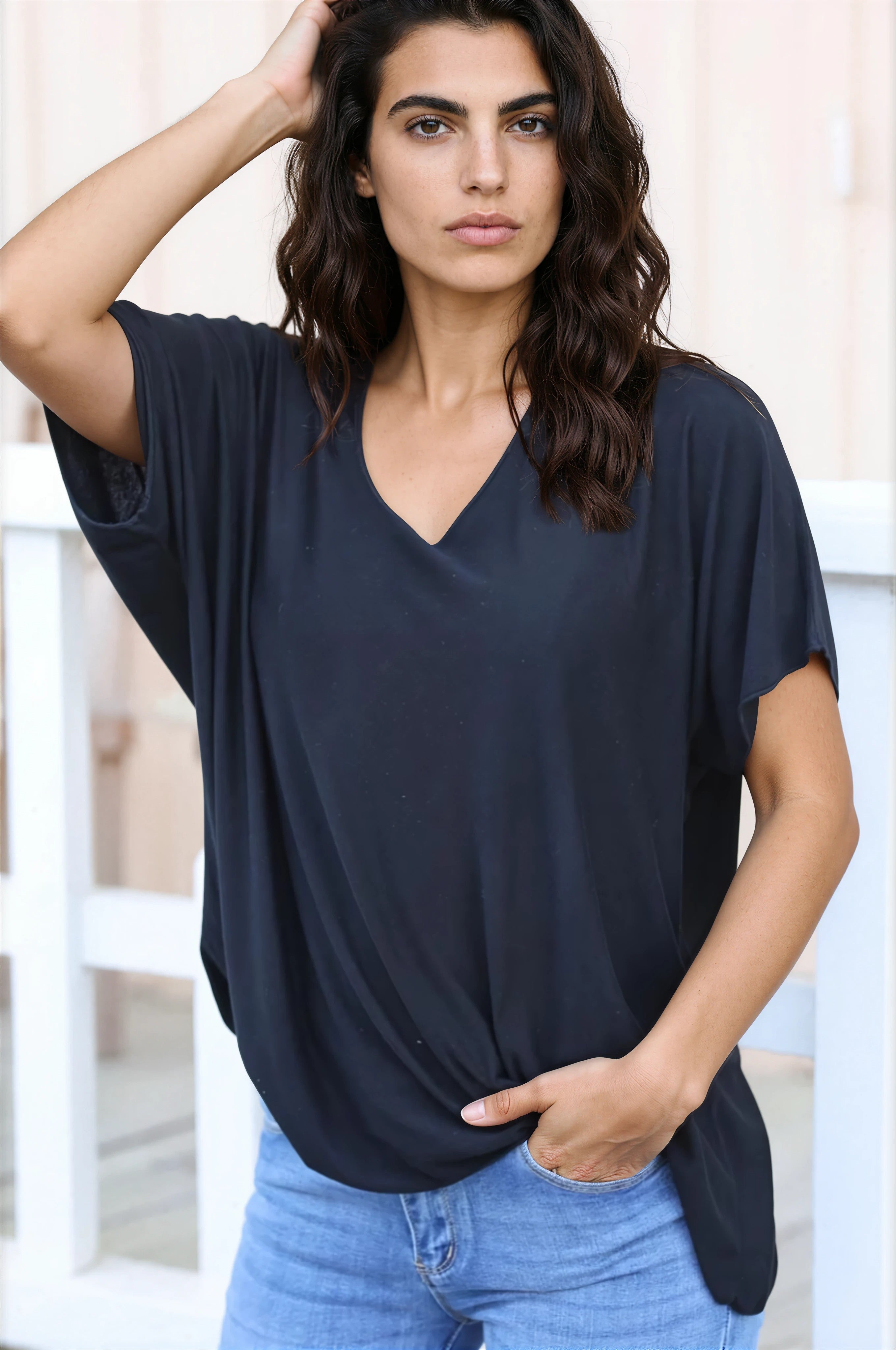 Relaxed fit black v-neck top