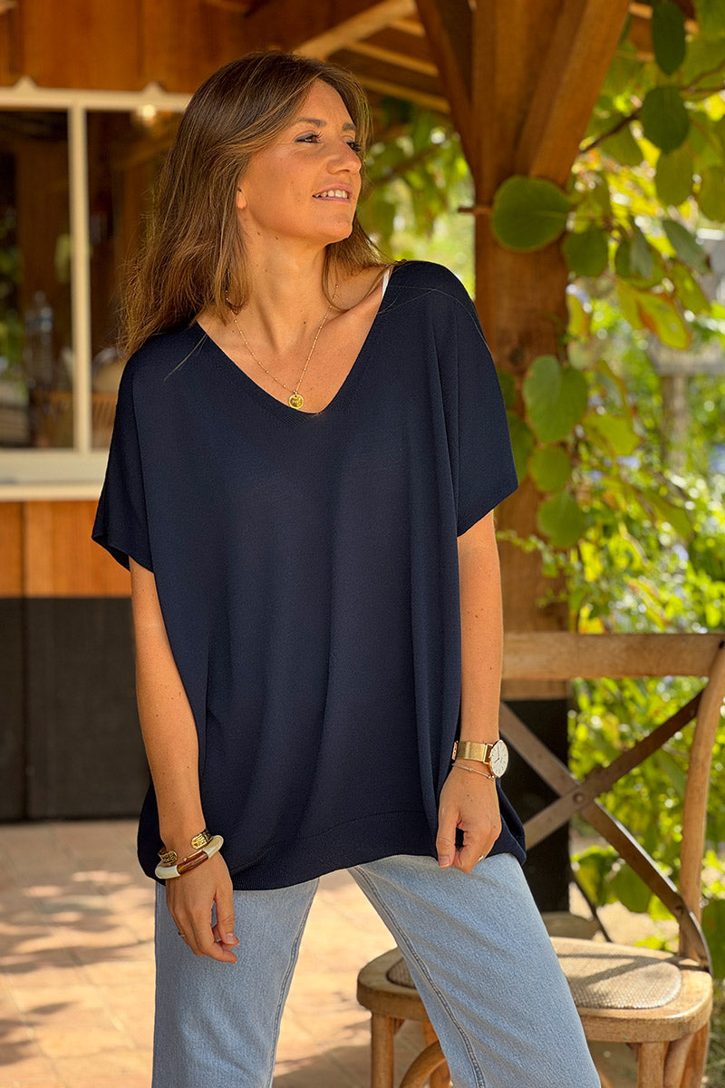 Navy Slouchy V-Neck Soft Knit Blouse