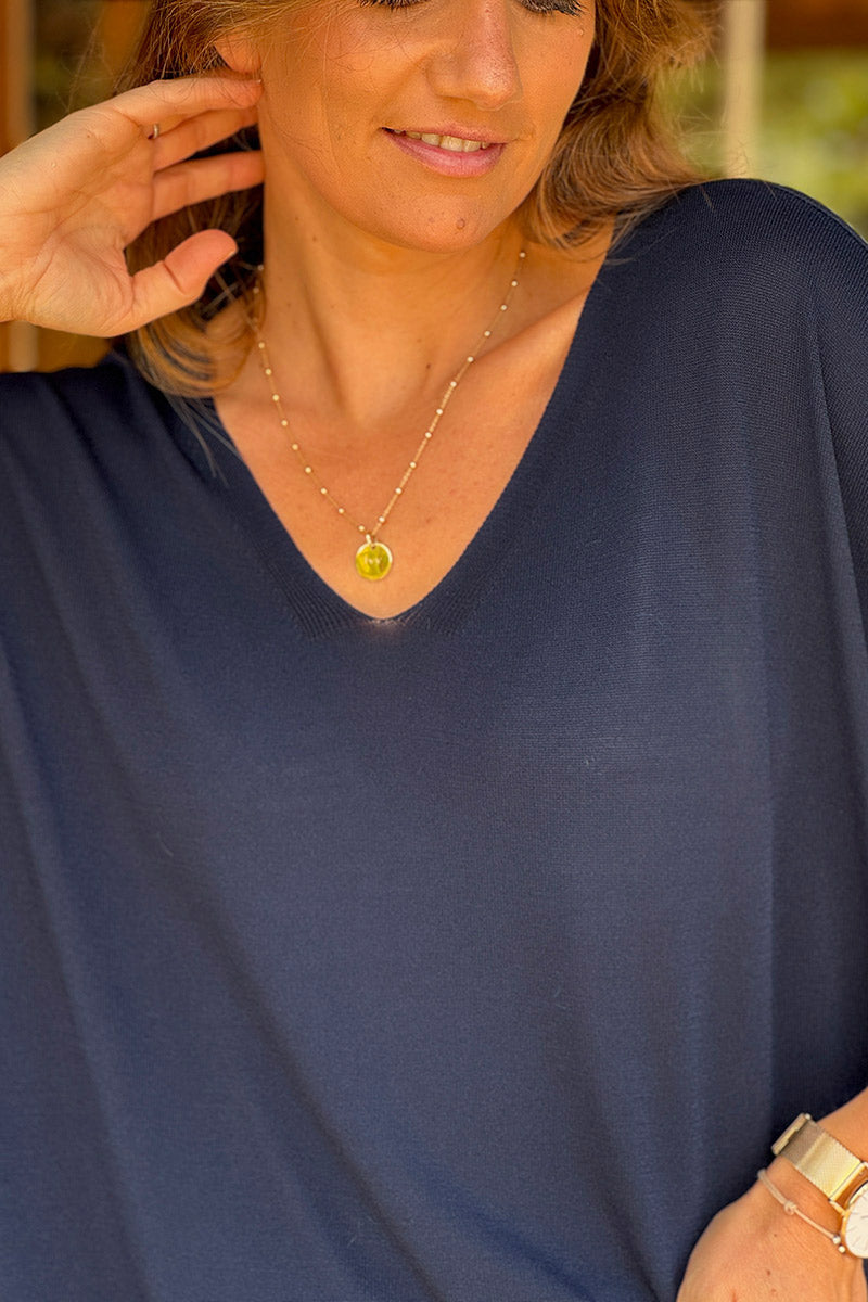 Navy Slouchy V-Neck Soft Knit Blouse