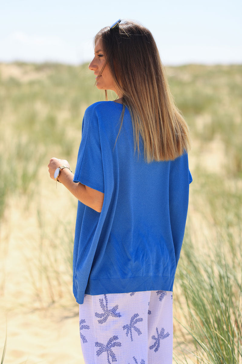 Top stretch et large bleu roi petite maille manches courtes
