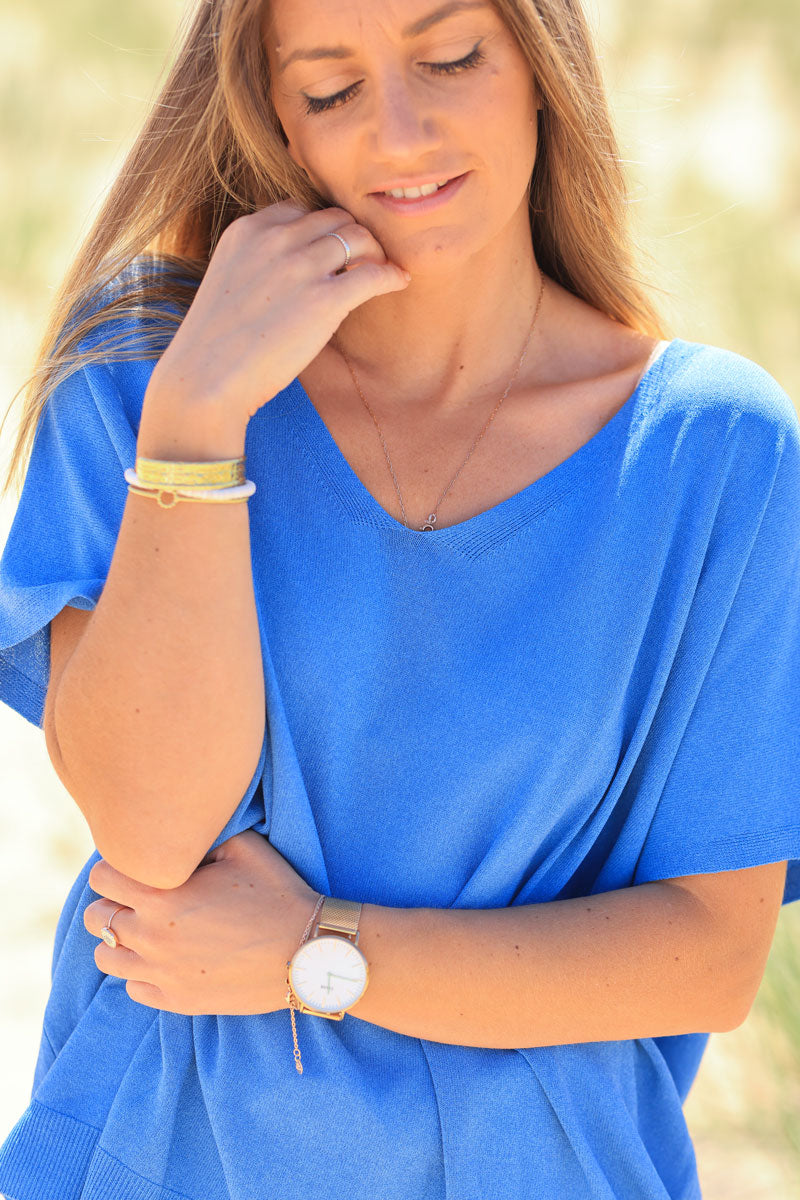 Top stretch et large bleu roi petite maille manches courtes