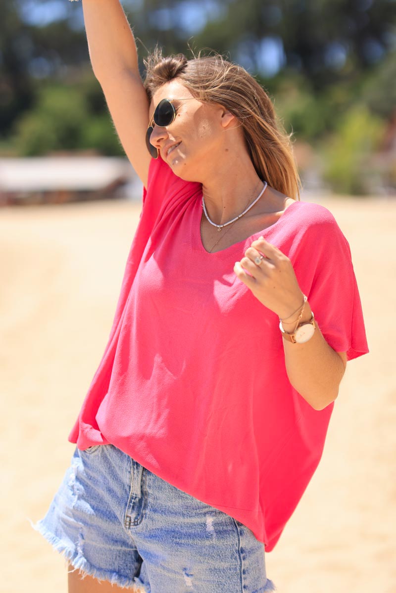 Top elástico y manga corta grande de punto fucsia pequeño