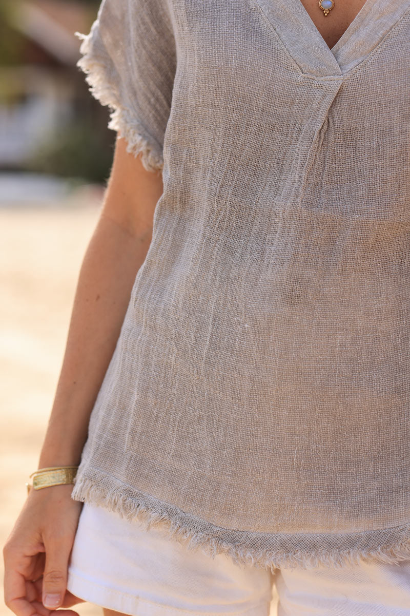 Taupe cotton linen blend short sleeve blouse with fringed hems