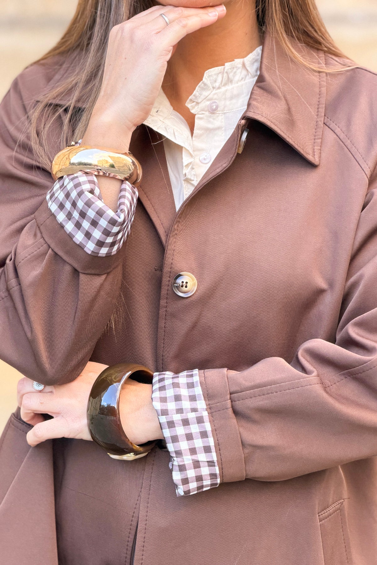 Chocolate Brown Twill Trench Coat with Plaid Lining