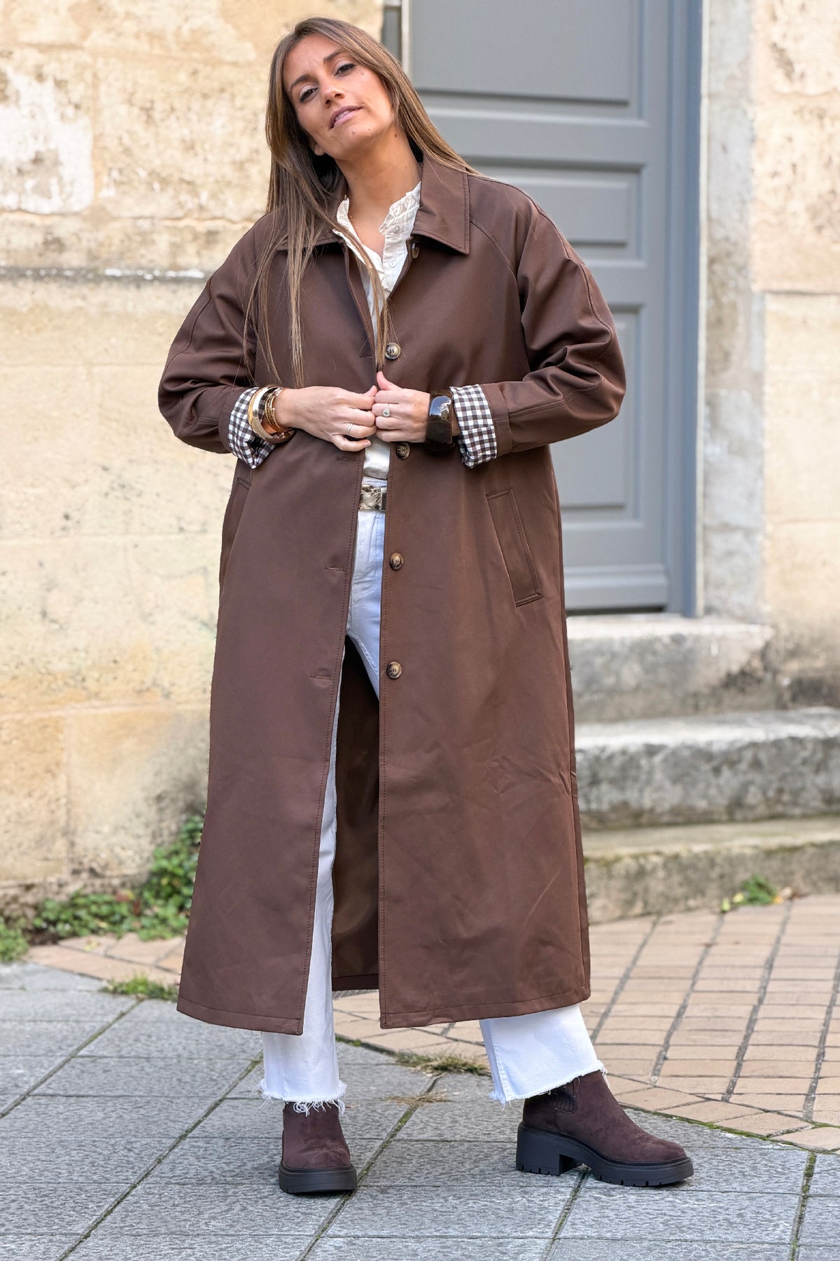 Chocolate Brown Twill Trench Coat with Plaid Lining