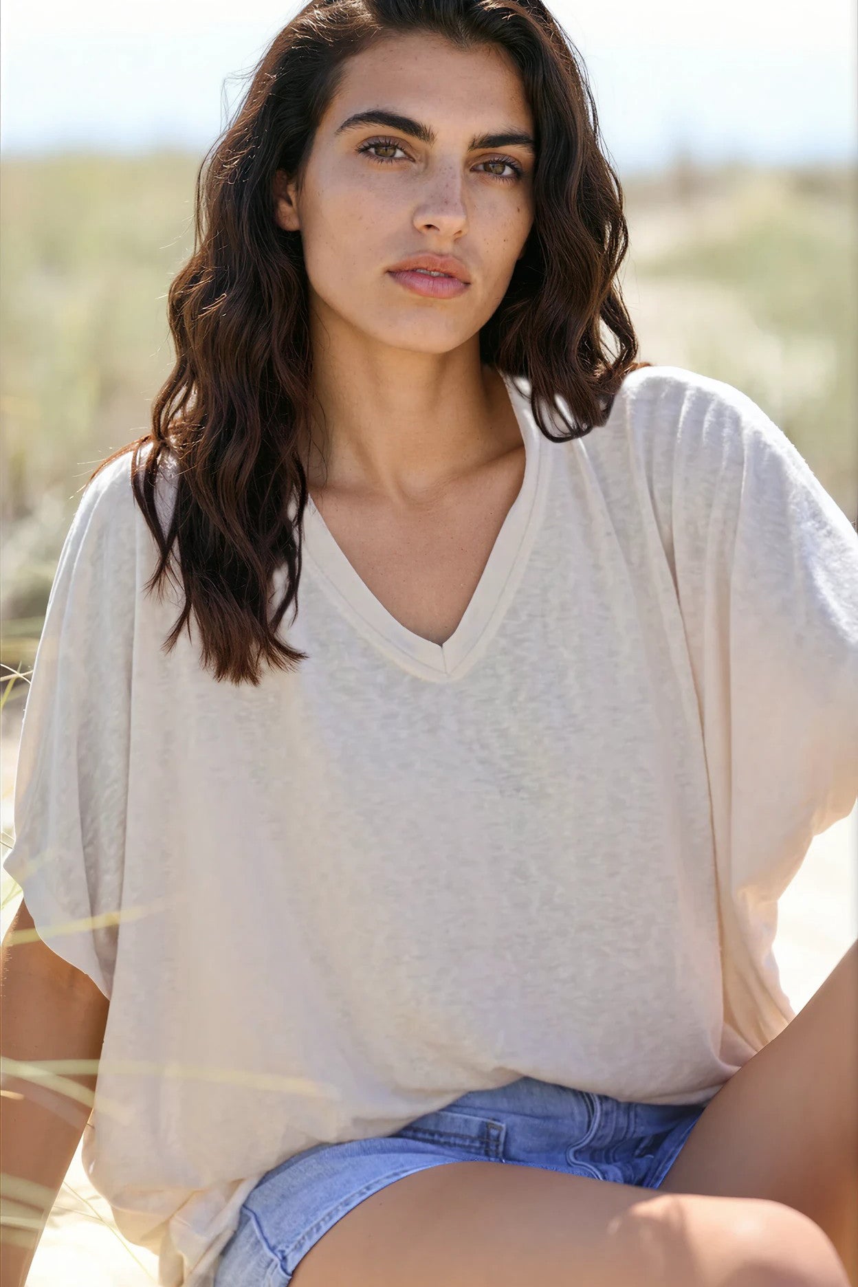 Tshirt beige souple large et loose manches courtes chauve souris