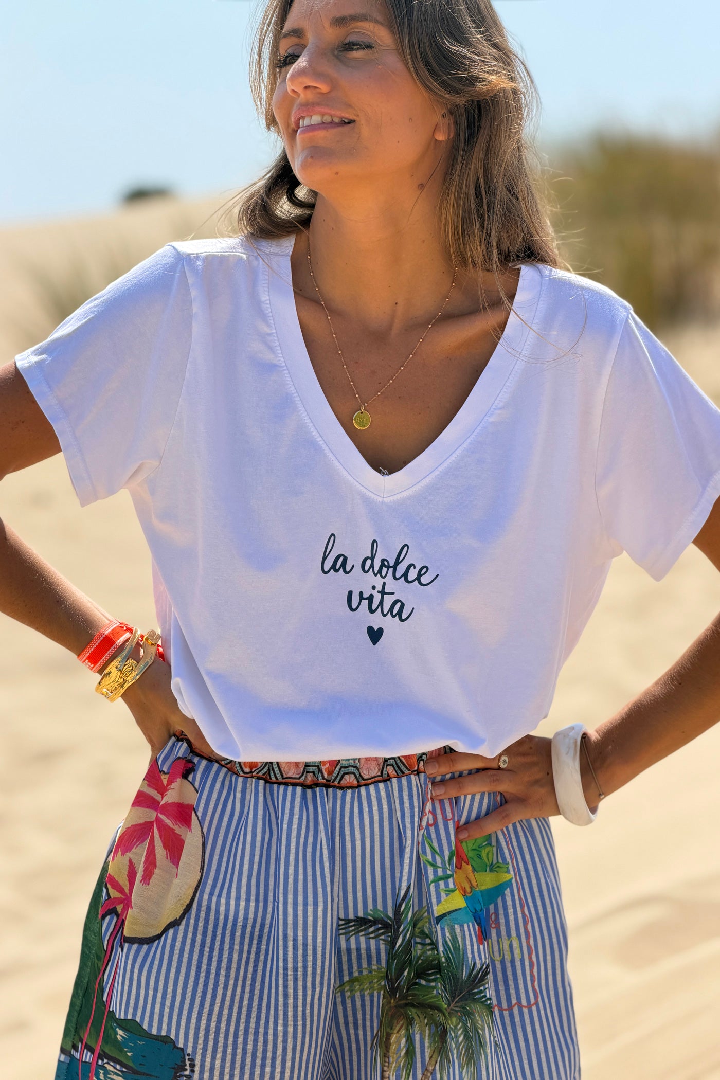 White “La Dolce Vita” V-Neck Tee
