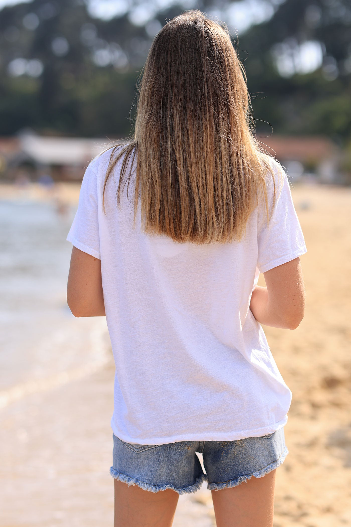 White cotton t-shirt with beige "Boheme" and flowers