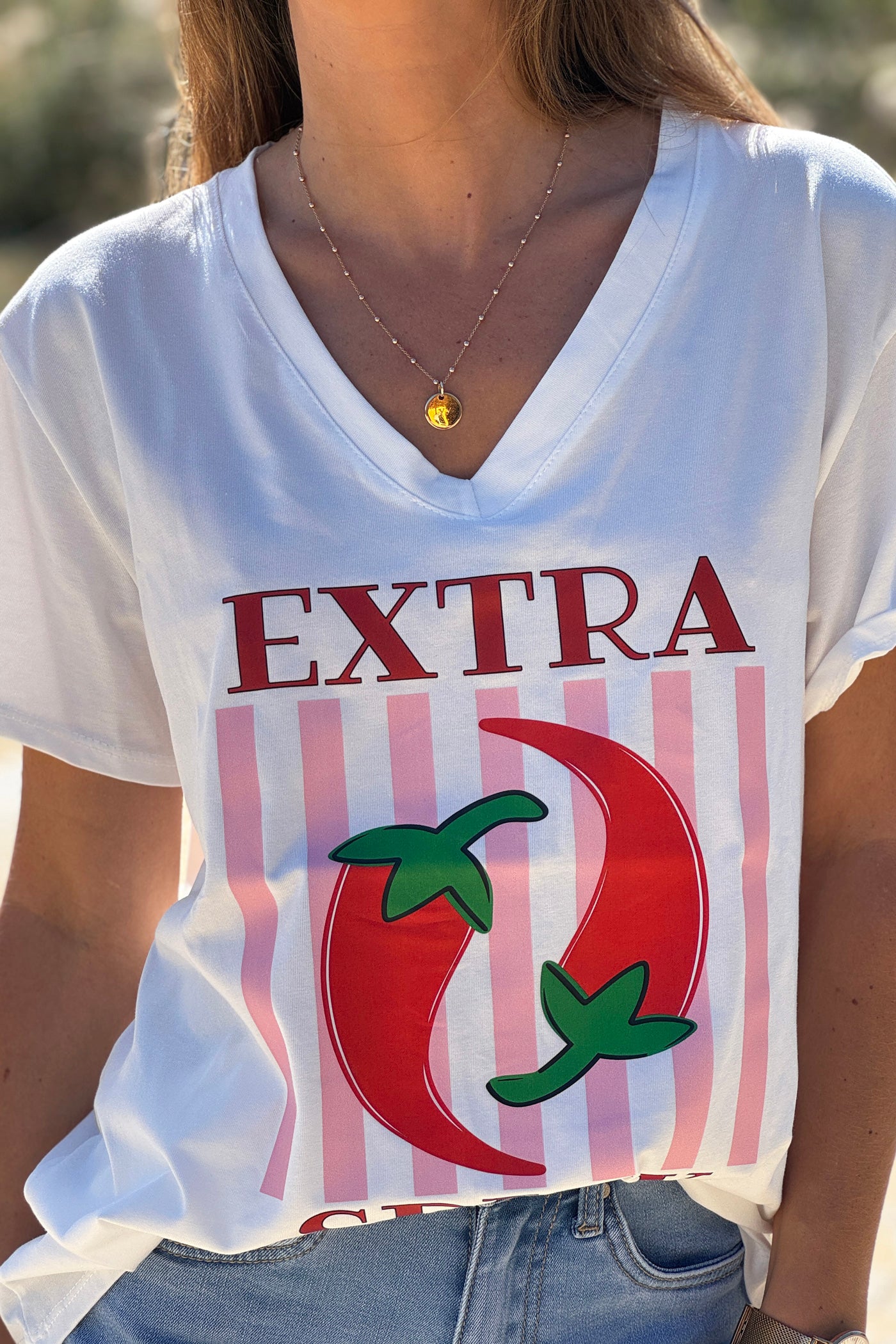 White “Extra Spicy” Pepper Print Tee