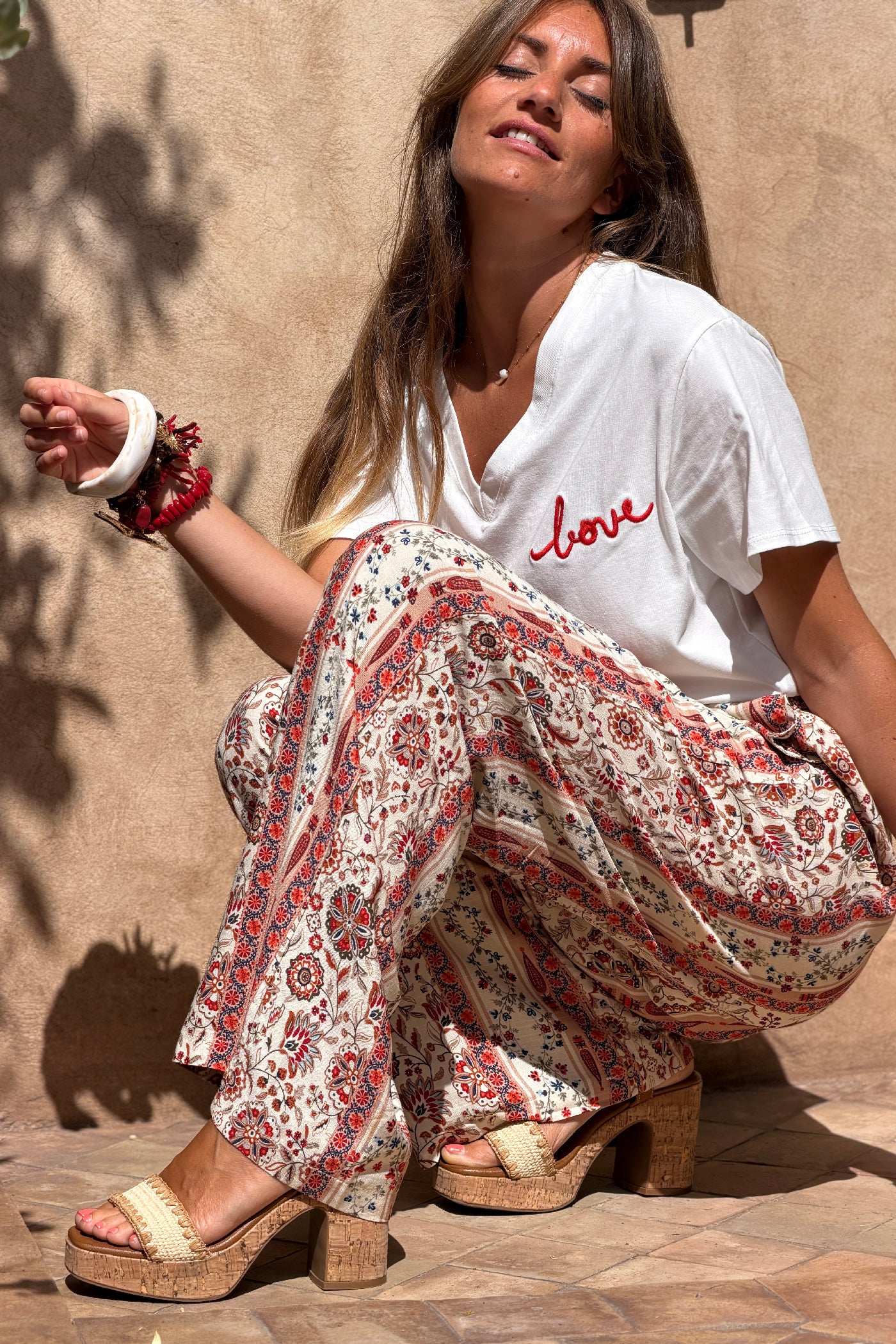 White / Red V-Neck “Love in the Sun” Jersey Knit Tee