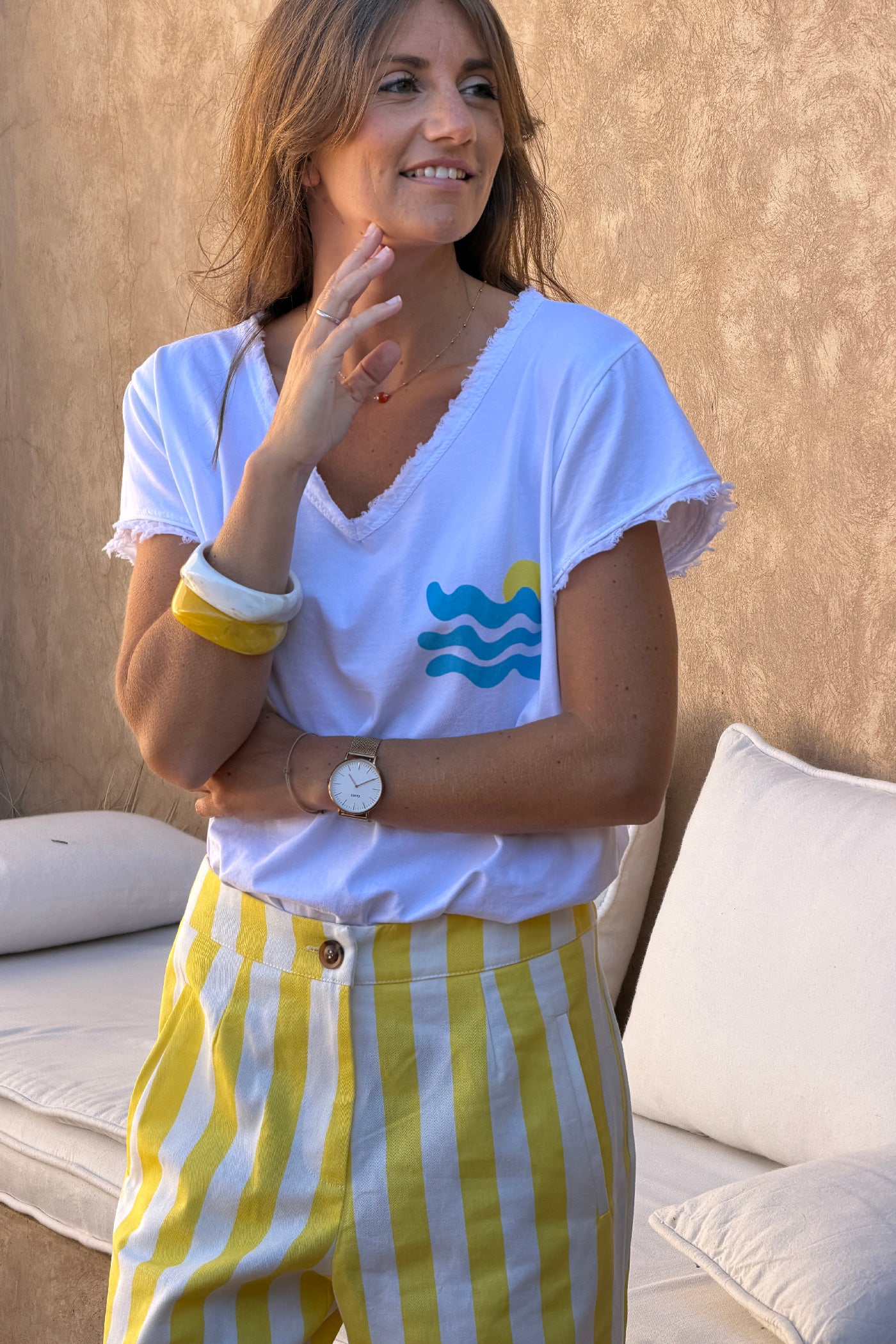 Tshirt blanc stretch et large vague et Cote d'Azur détail franges