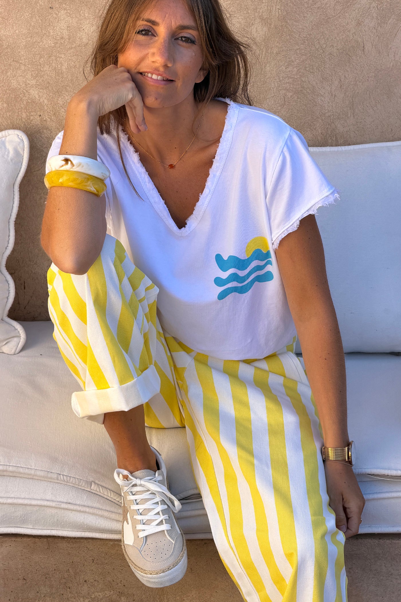 Tshirt blanc stretch et large vague et Cote d'Azur détail franges