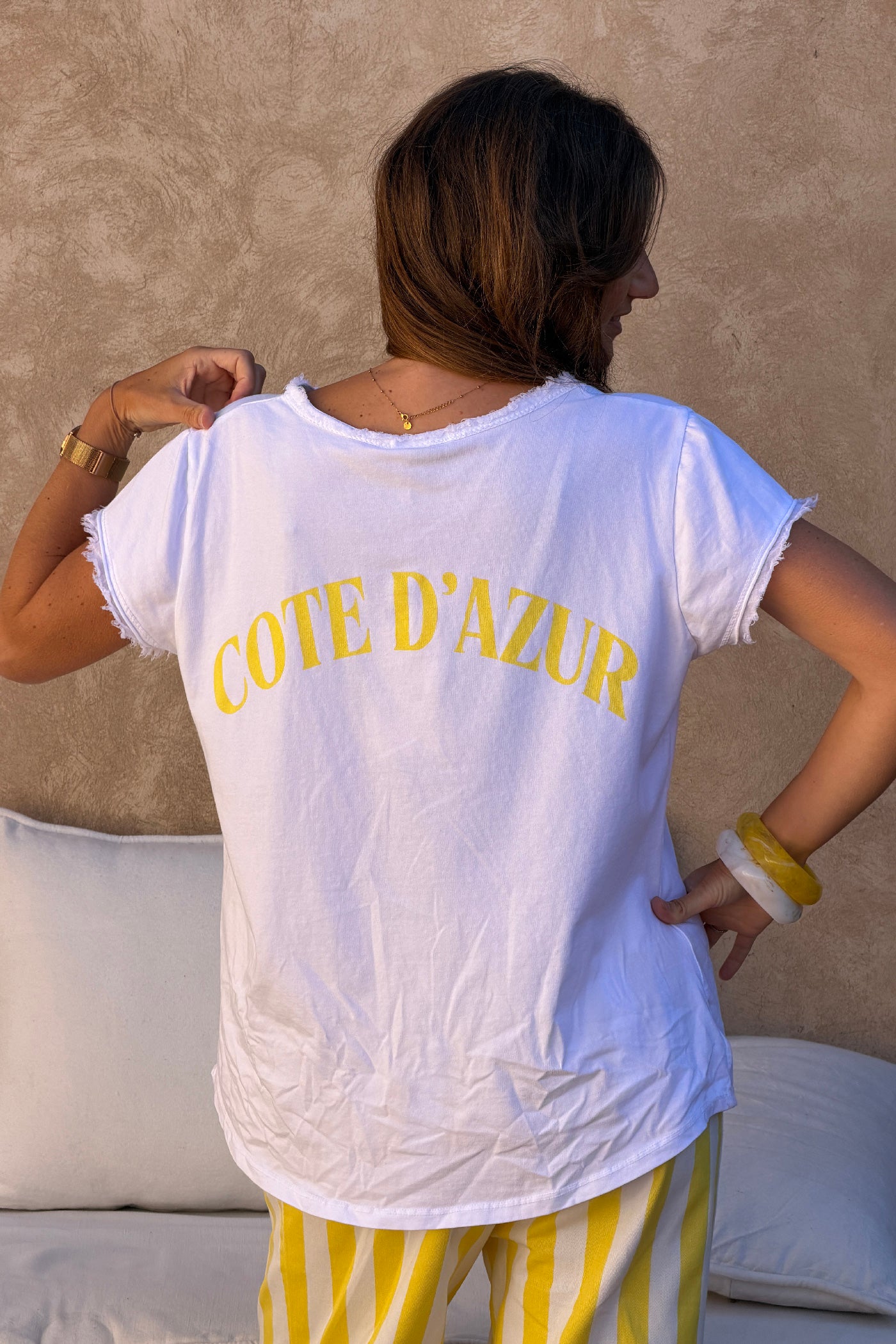Tshirt blanc stretch et large vague et Cote d'Azur détail franges