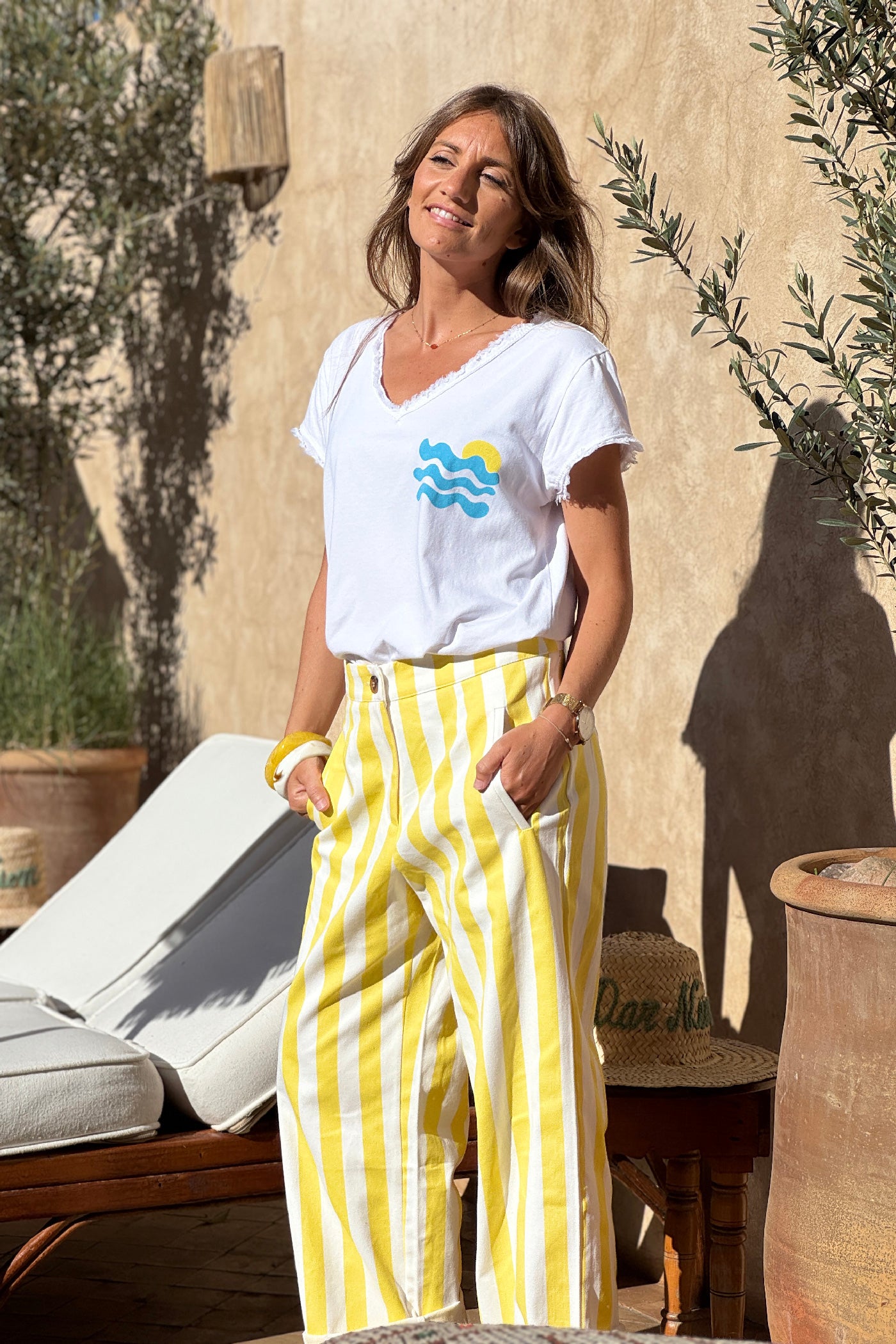 Tshirt blanc stretch et large vague et Cote d'Azur détail franges