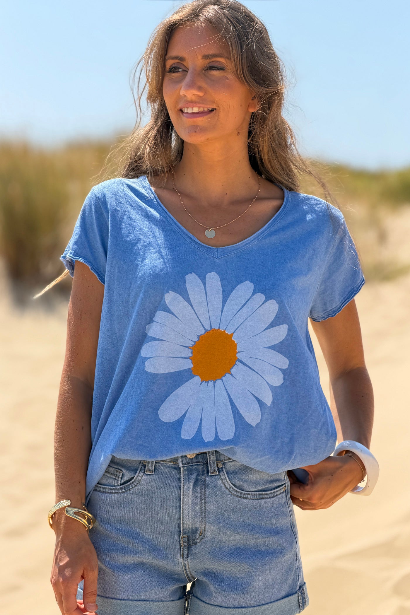 Royal Blue V-neck cotton t-shirt with large dusty blue daisy print