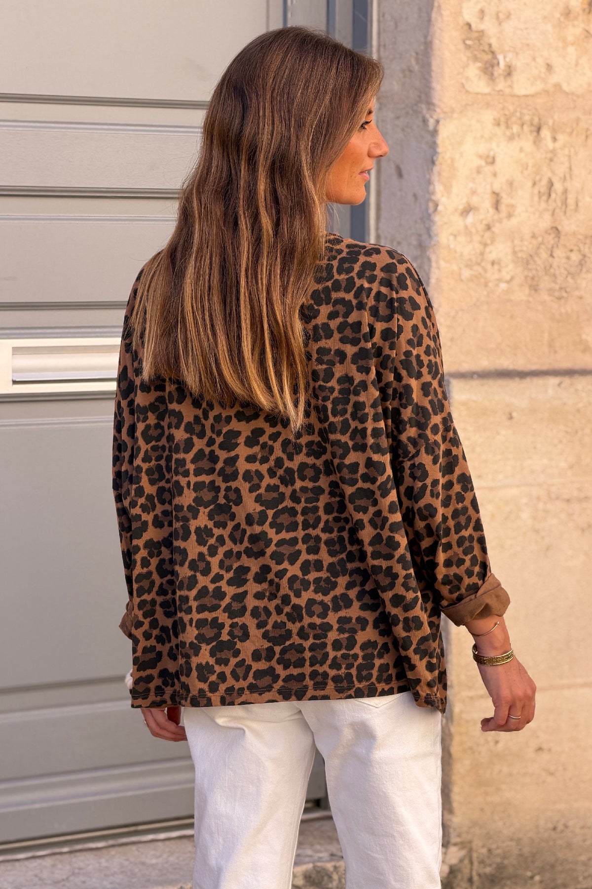 Tshirt camel à manches longues en coton imprimé léopard