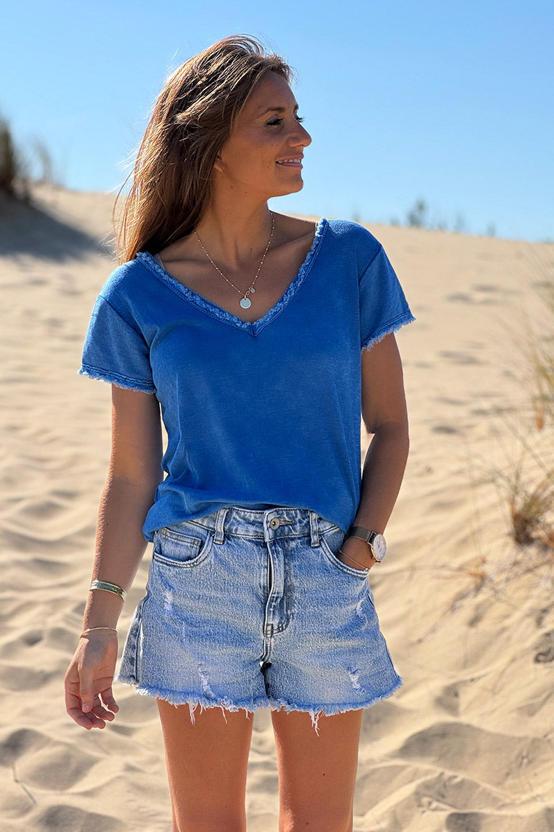 Royal Blue Stretch Cotton Tee with Raw Hems