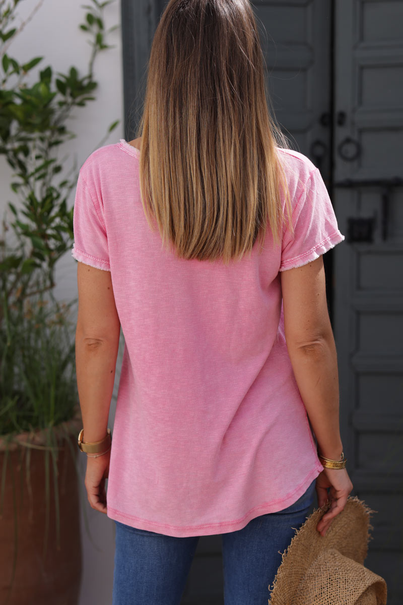 Tshirt coton stretch fuchsia délavé finitions petites franges