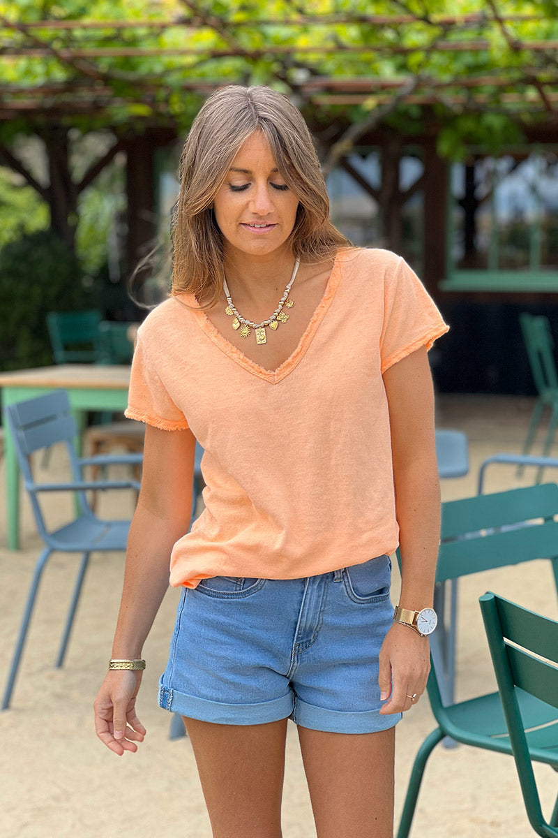 Neon Orange Stretch Cotton Tshirt with Raw Hems