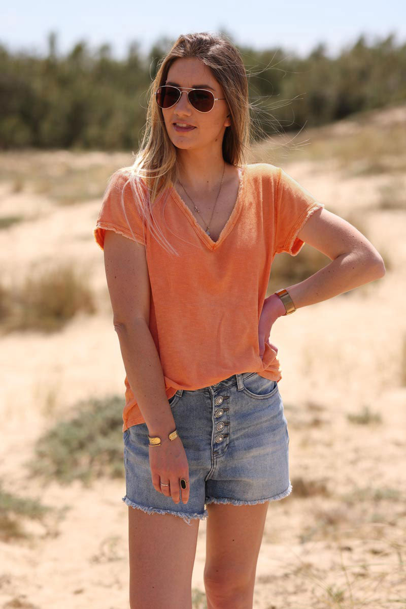 Orange Stretch Cotton Tee with Raw Hems