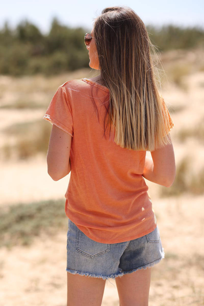 Orange Stretch Cotton Tee with Raw Hems