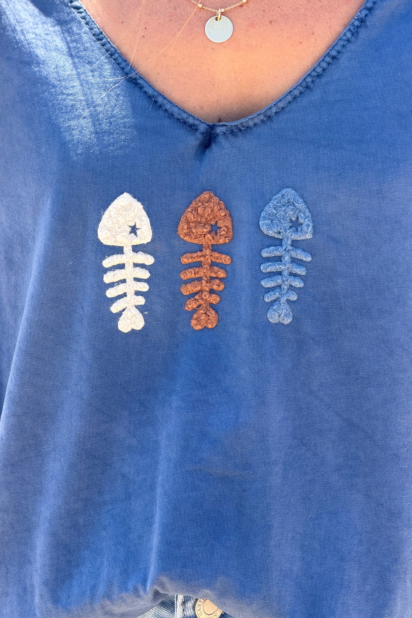 Navy Fuzzy Fishbones V-Neck Tee