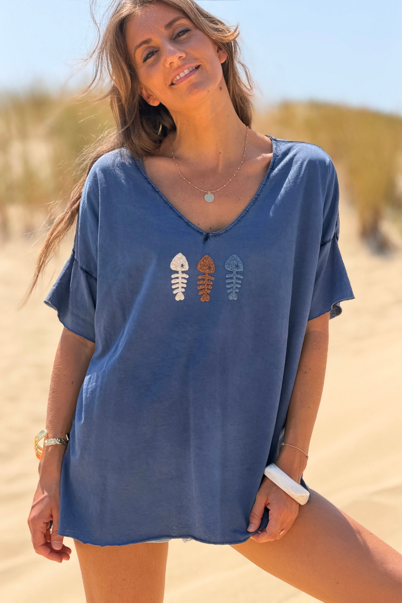 Navy Fuzzy Fishbones V-Neck Tee