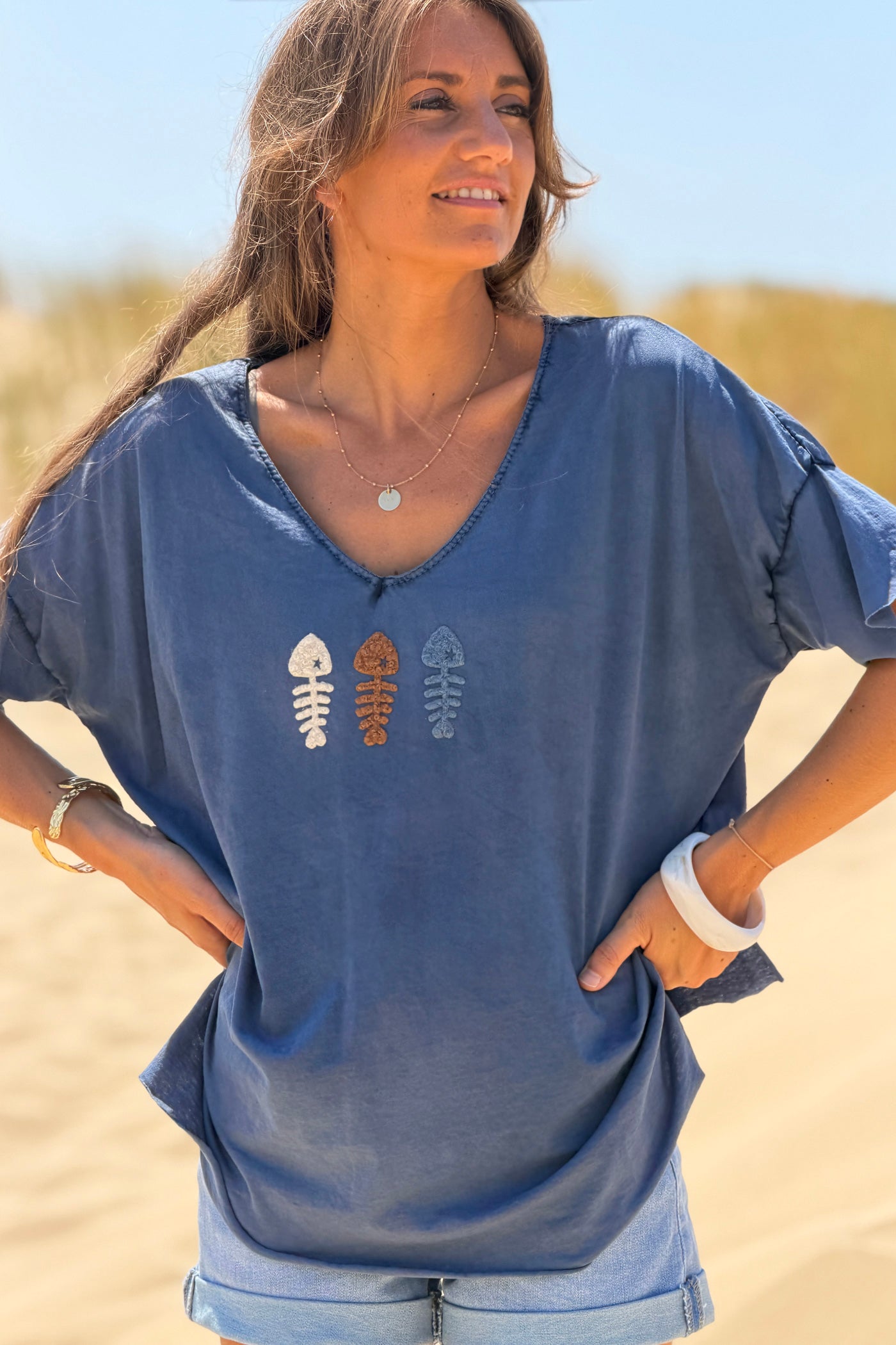 Navy Fuzzy Fishbones V-Neck Tee