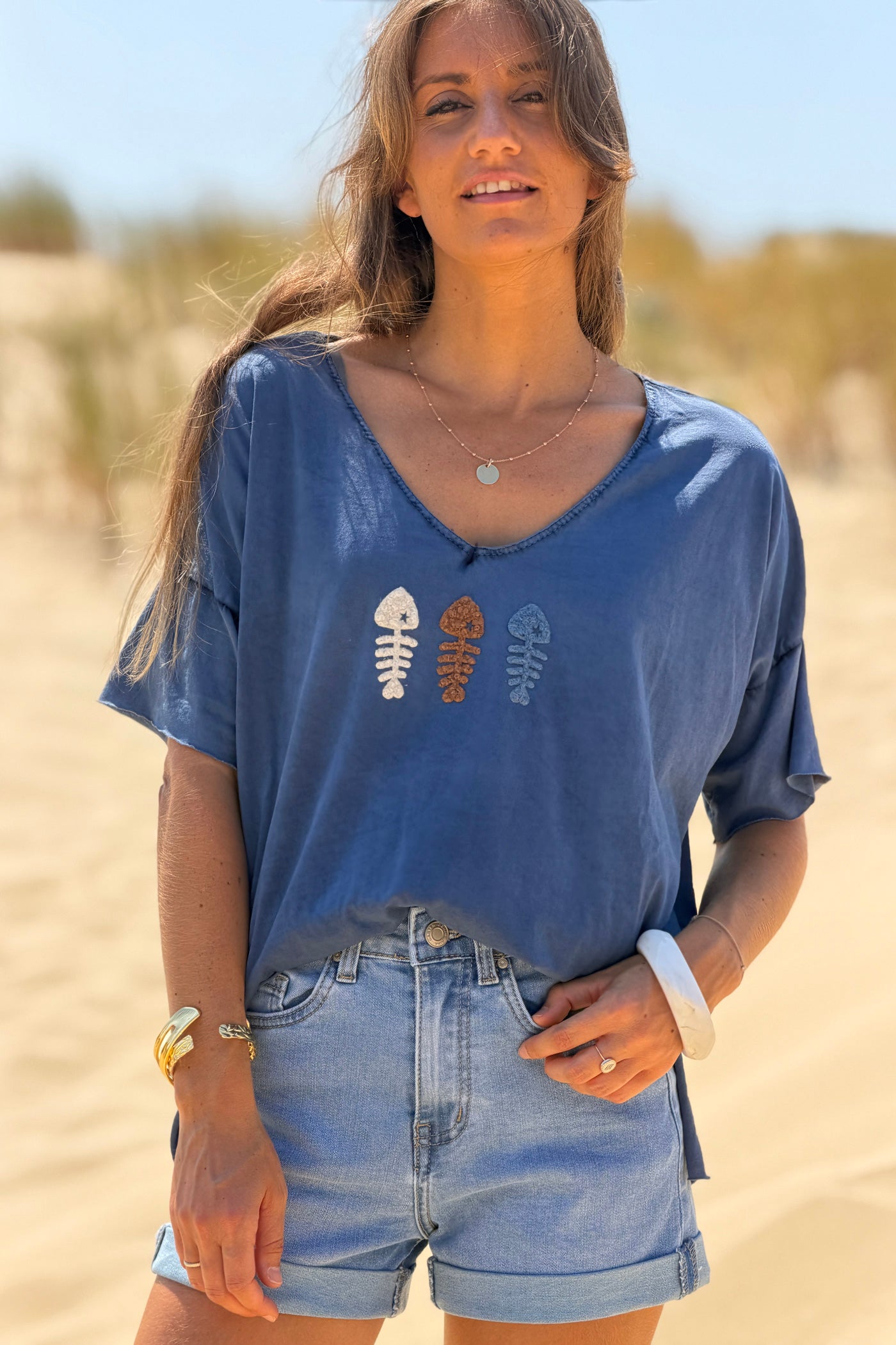 Navy Fuzzy Fishbones V-Neck Tee