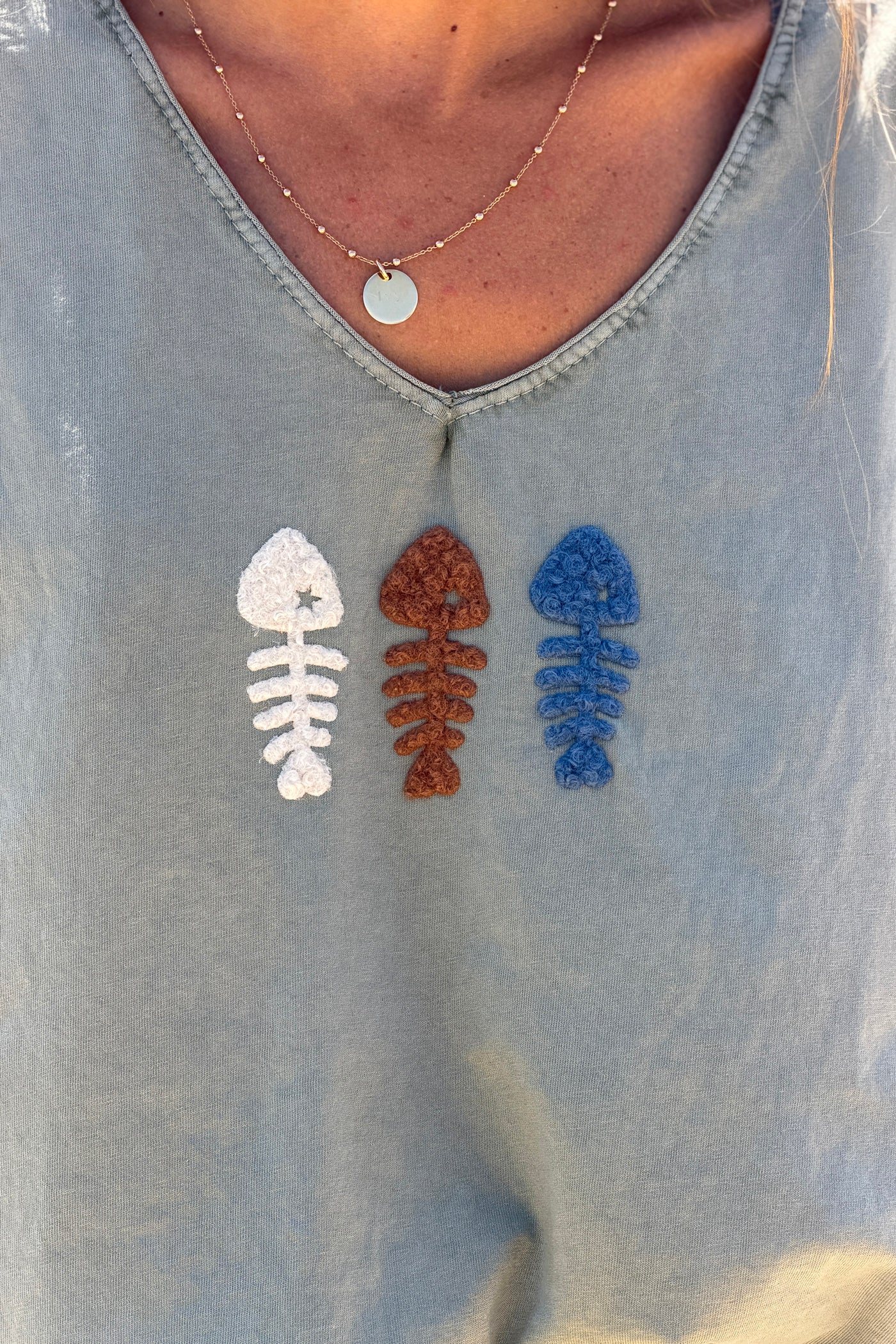 Olive Fuzzy Fishbones V-Neck Tee