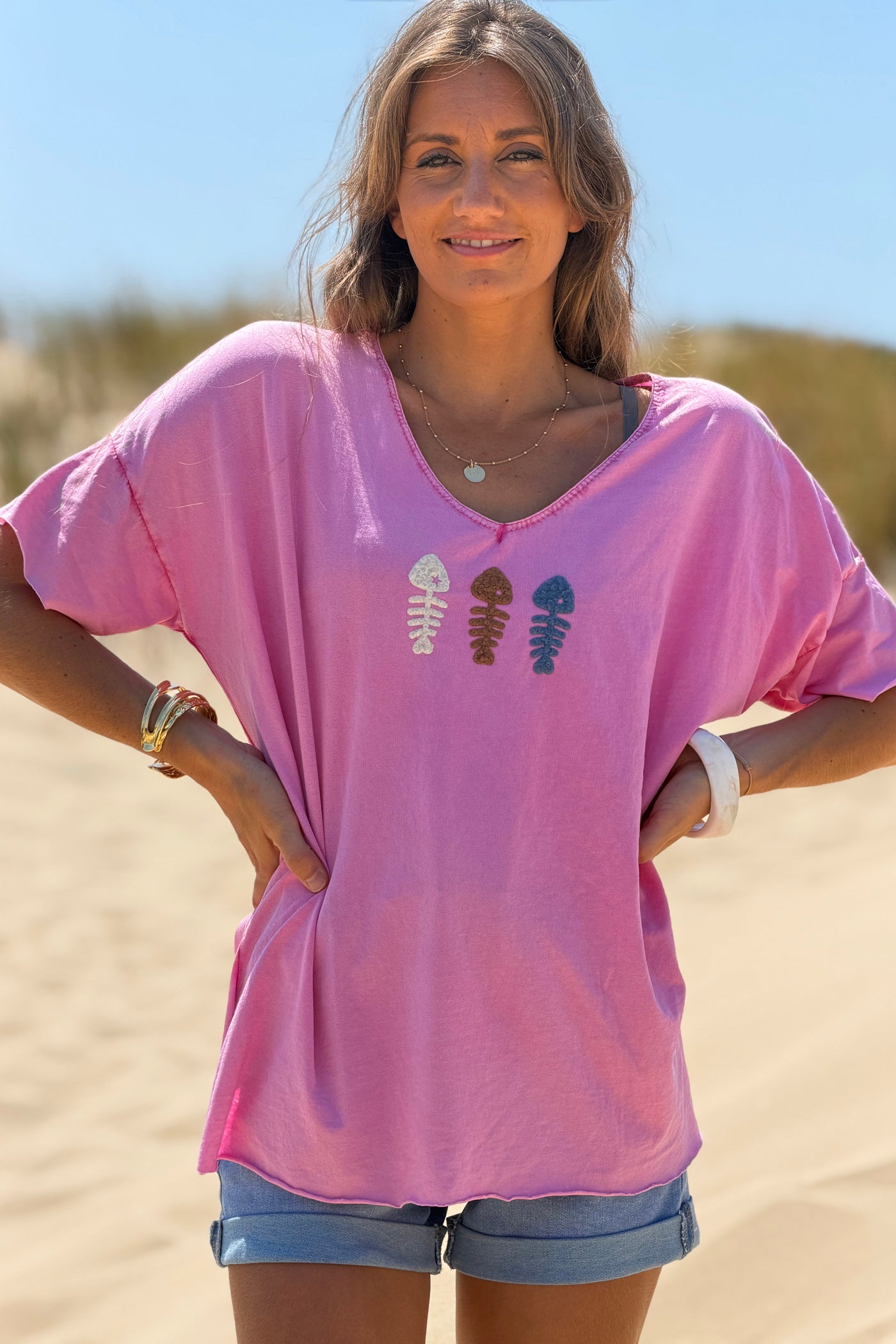Pink Fuzzy Fishbones V-Neck Tee