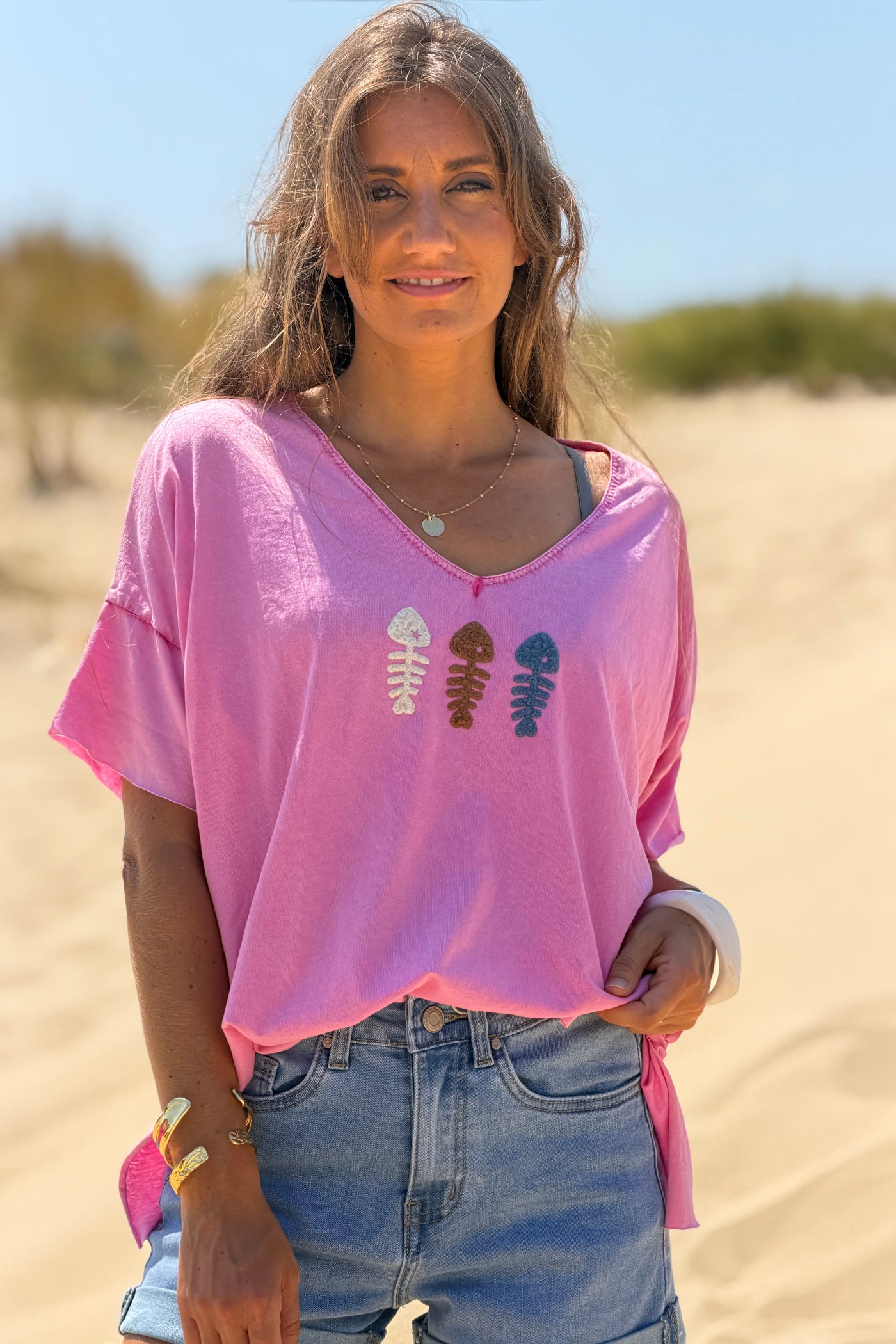 Pink Fuzzy Fishbones V-Neck Tee