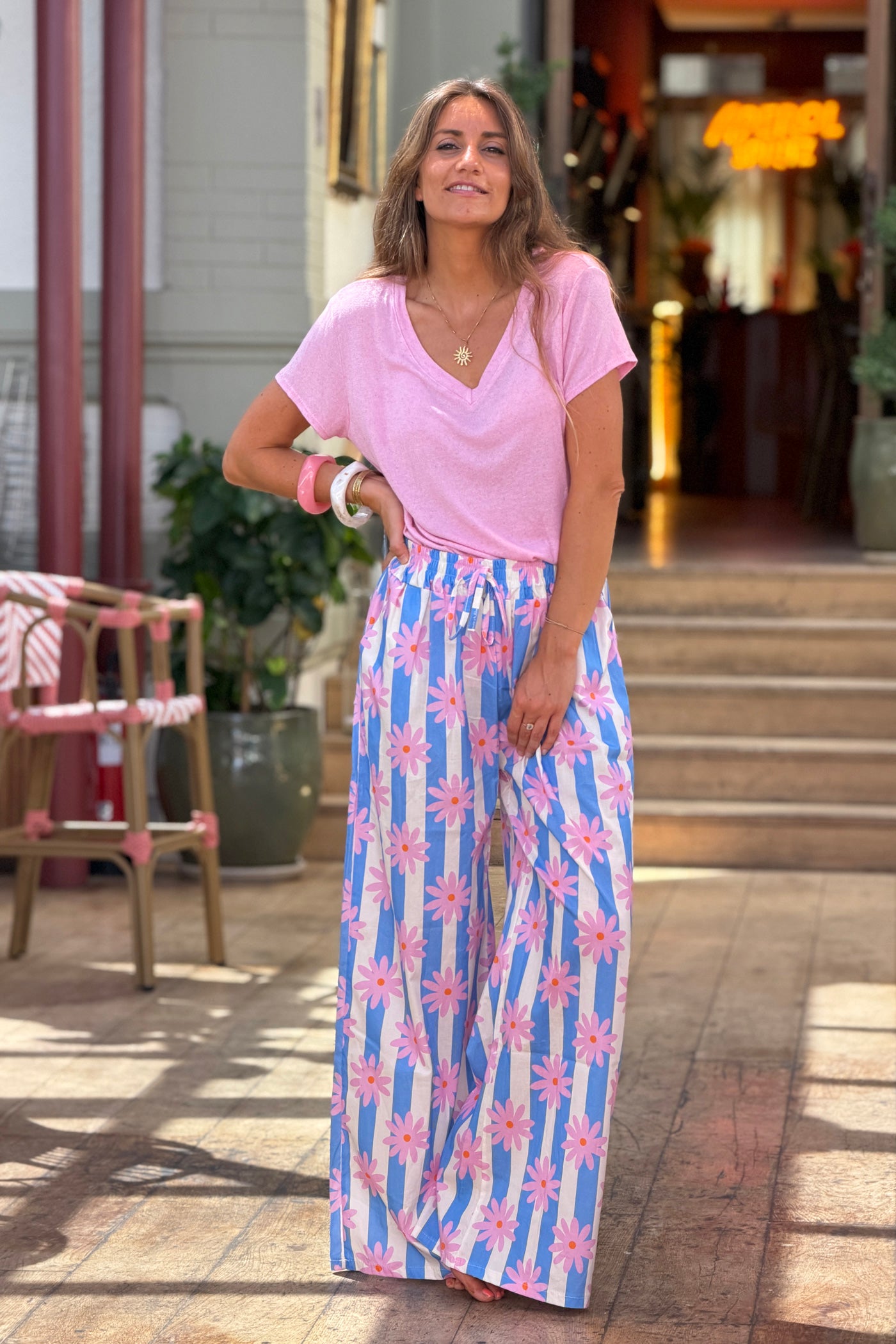 Tshirt en lin mélangé rose souple chiné col v