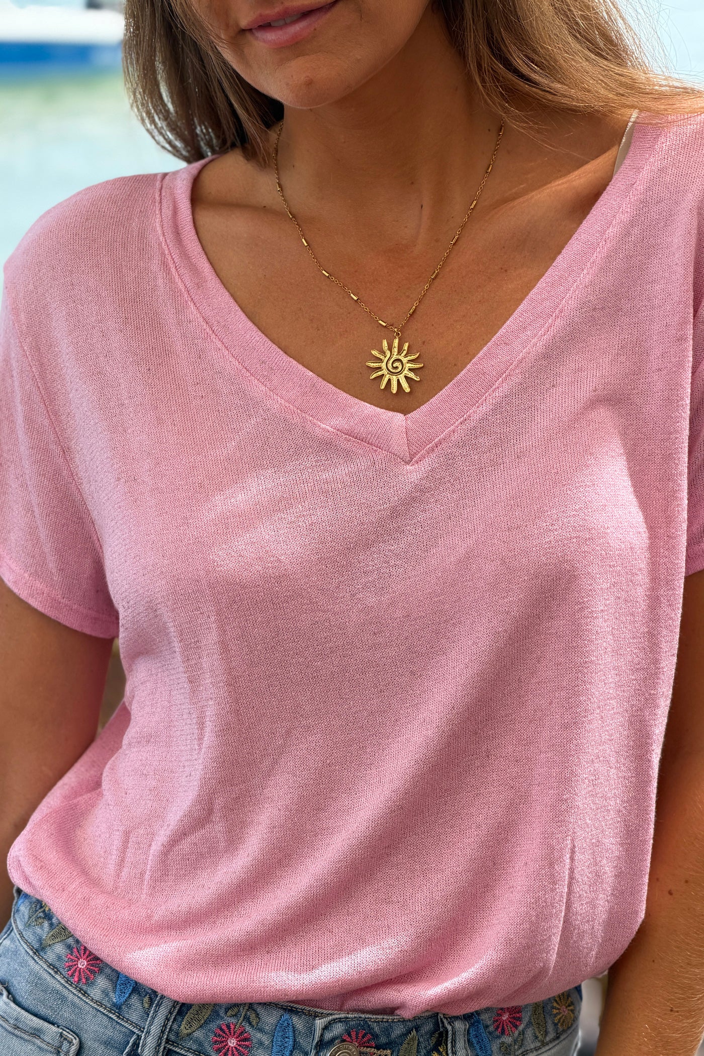 Tshirt en lin mélangé rose souple chiné col v