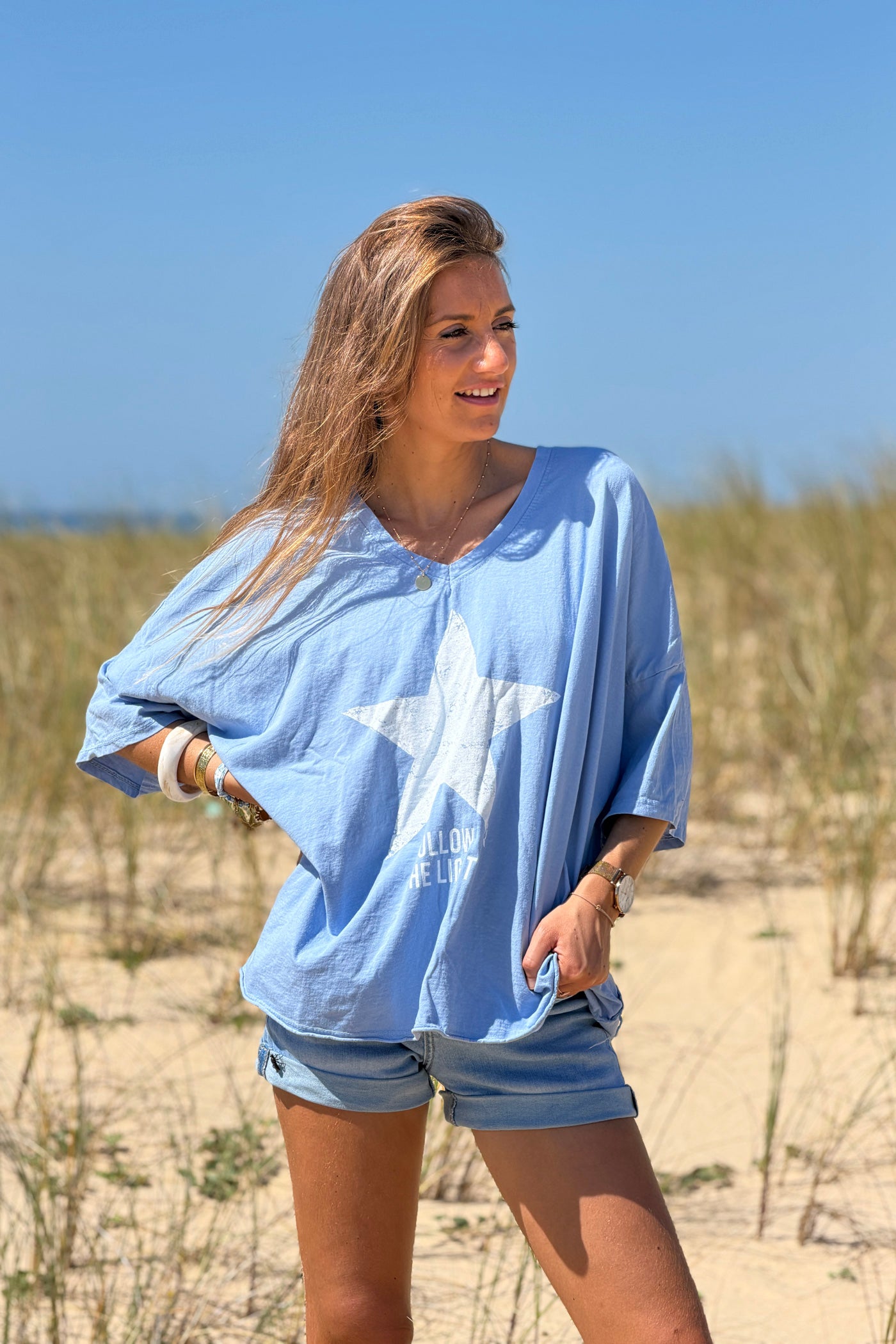 Blue “Follow the Light” Star Jersey Knit Top