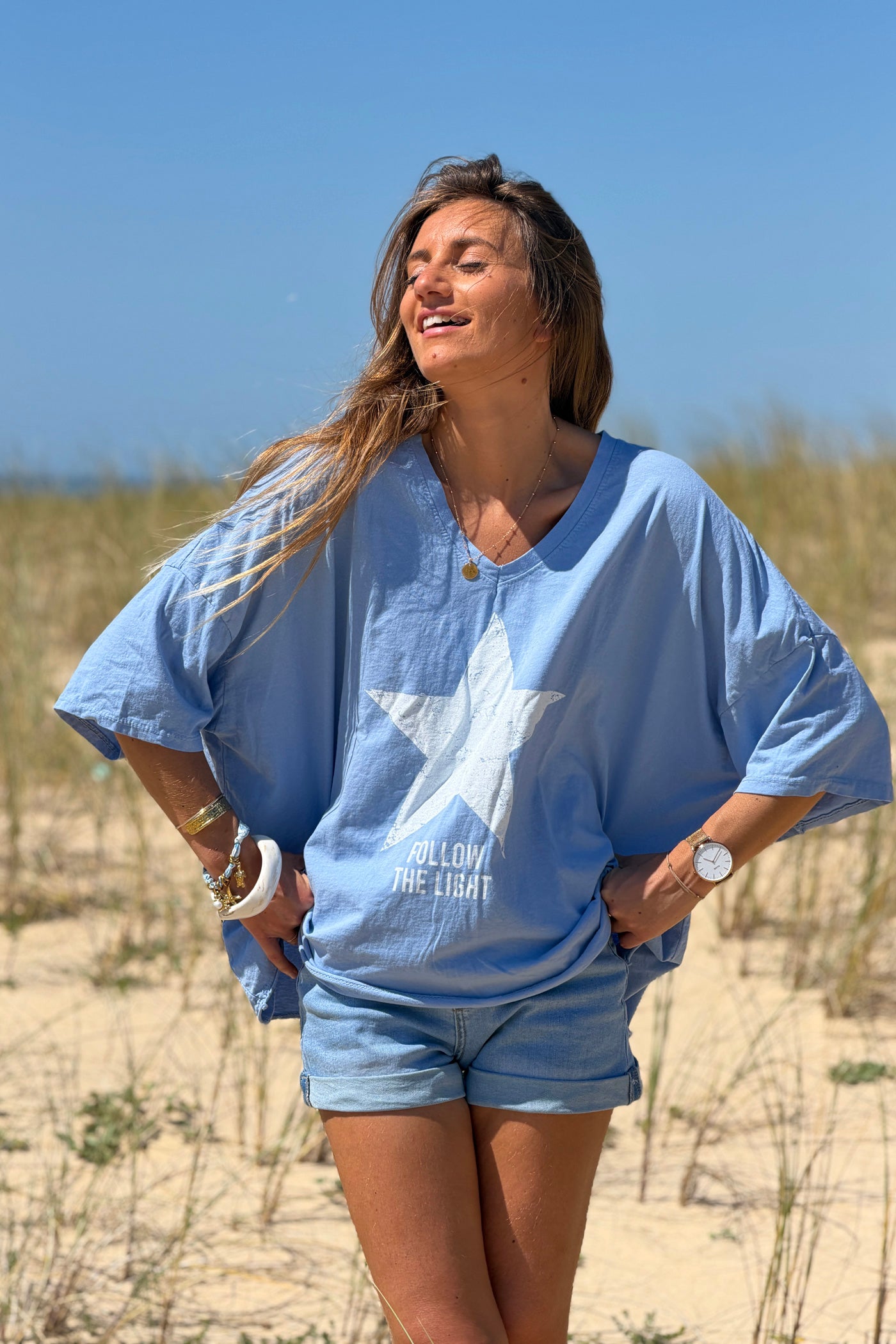 Blue “Follow the Light” Star Jersey Knit Top